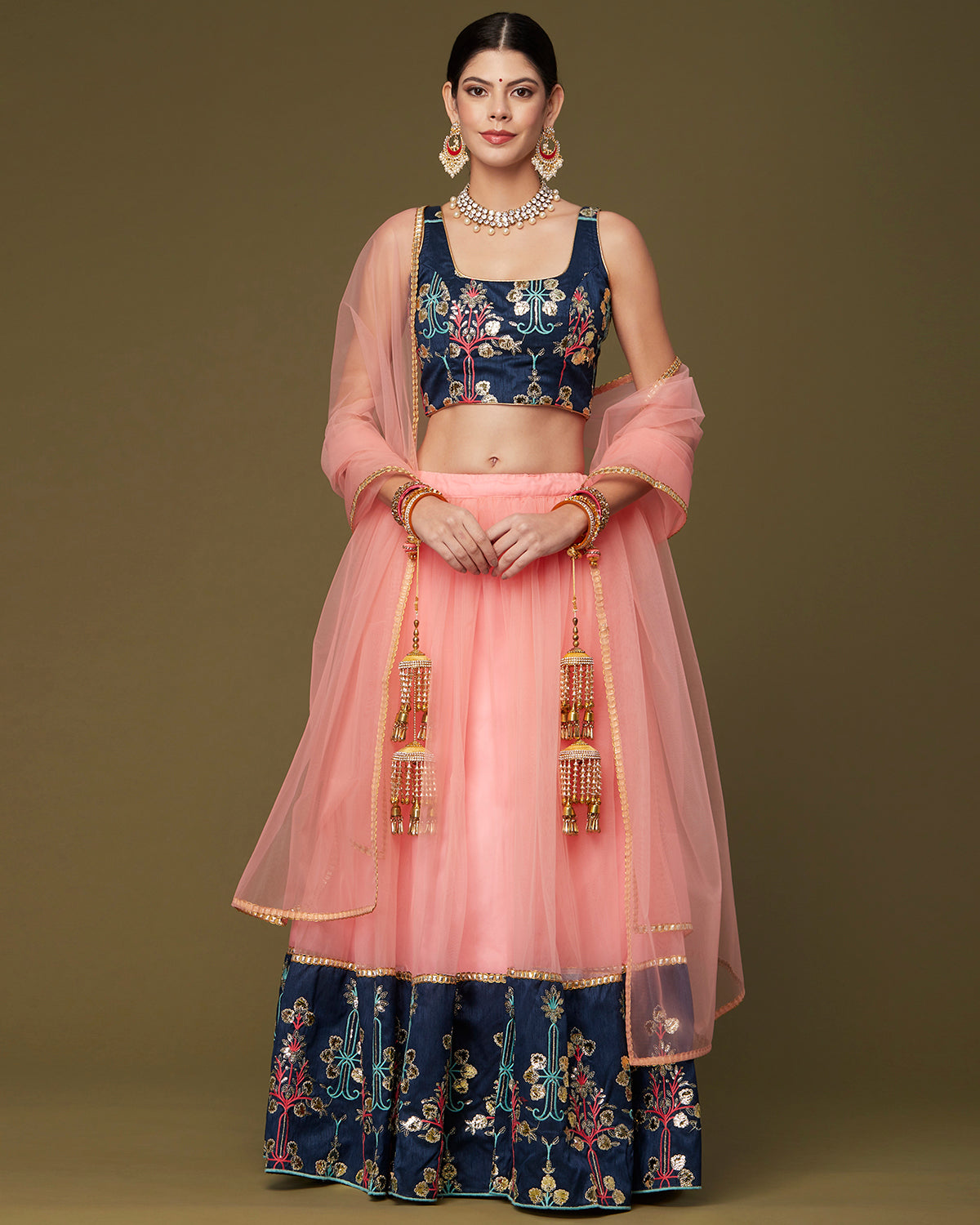 Peach and Navy Floral Gotapatti Lehenga ( Lehenga and Dupatta Only)