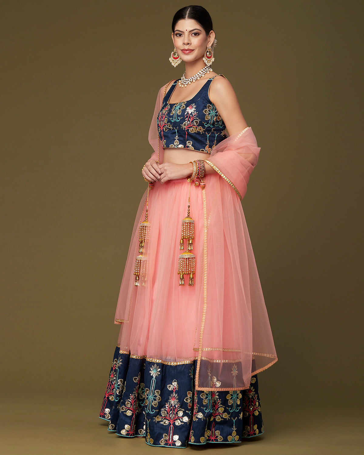 Peach and Navy Floral Gotapatti Lehenga ( Lehenga and Dupatta Only)