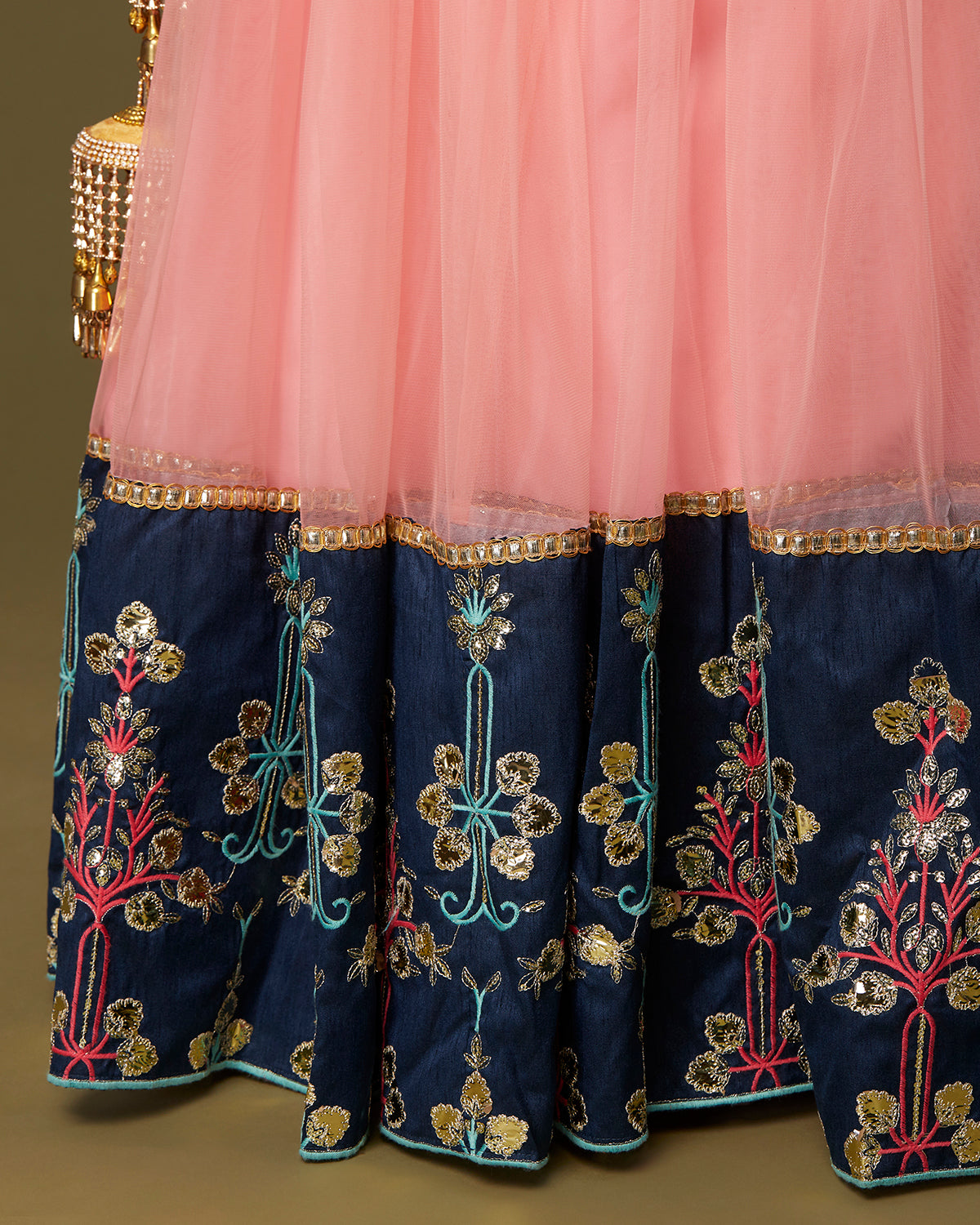 Peach and Navy Floral Gotapatti Lehenga ( Lehenga and Dupatta Only)