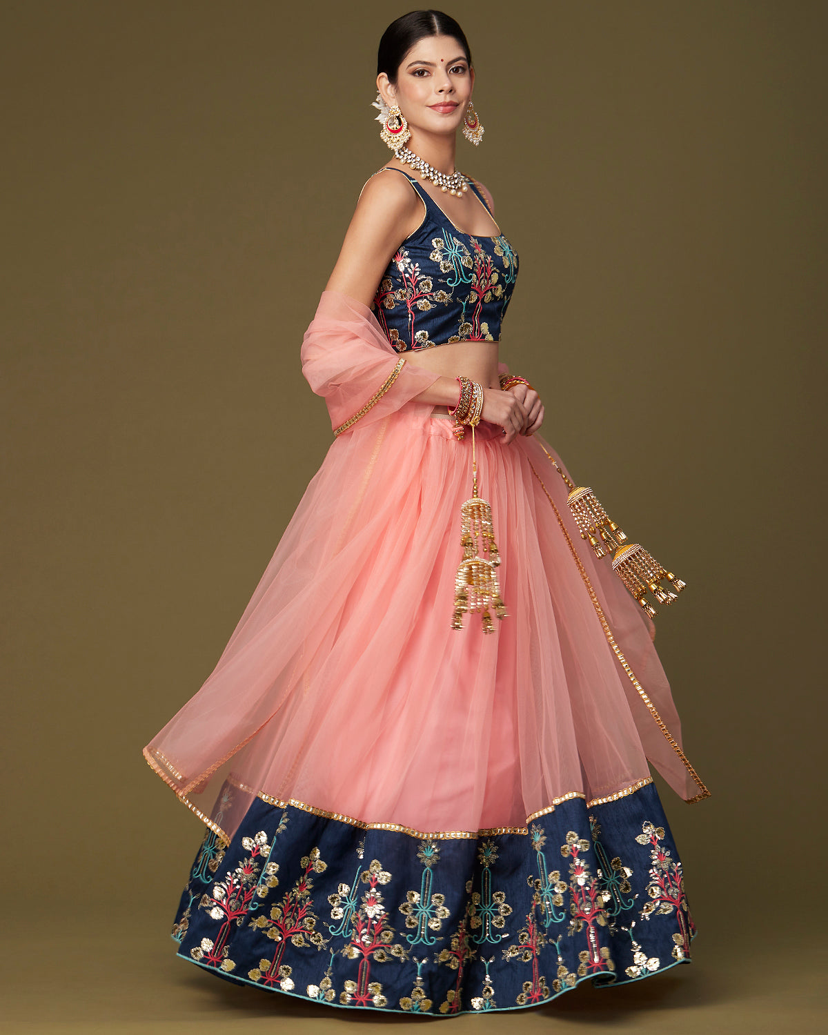 Peach and Navy Floral Gotapatti Lehenga ( Lehenga and Dupatta Only)