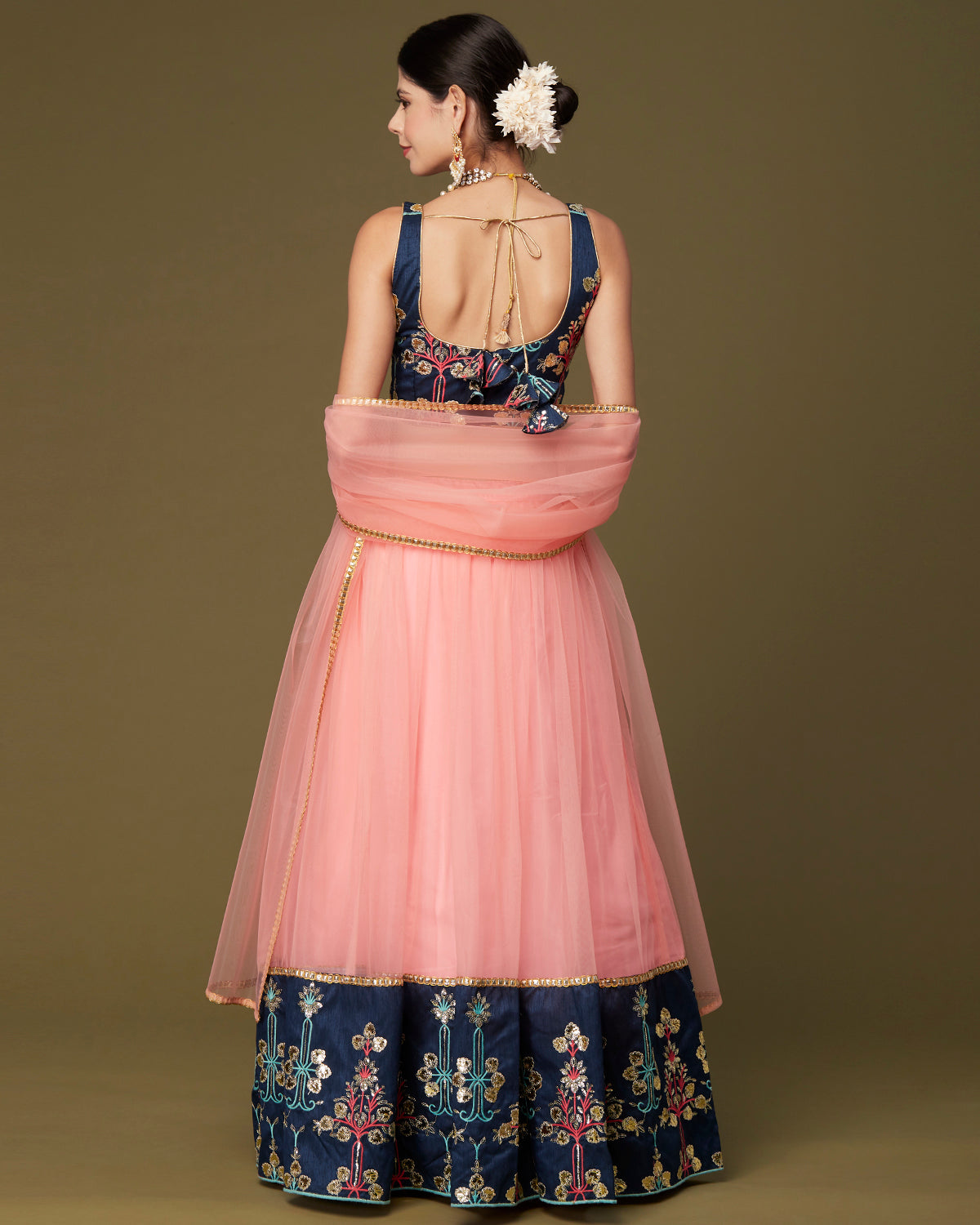 Peach and Navy Floral Gotapatti Lehenga ( Lehenga and Dupatta Only)