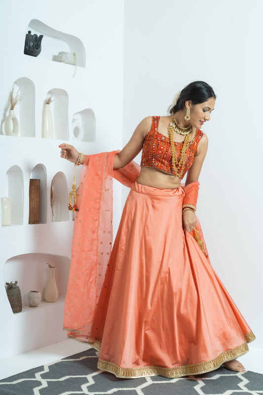 Dreamy Peach and Red Minimalistic Lehenga