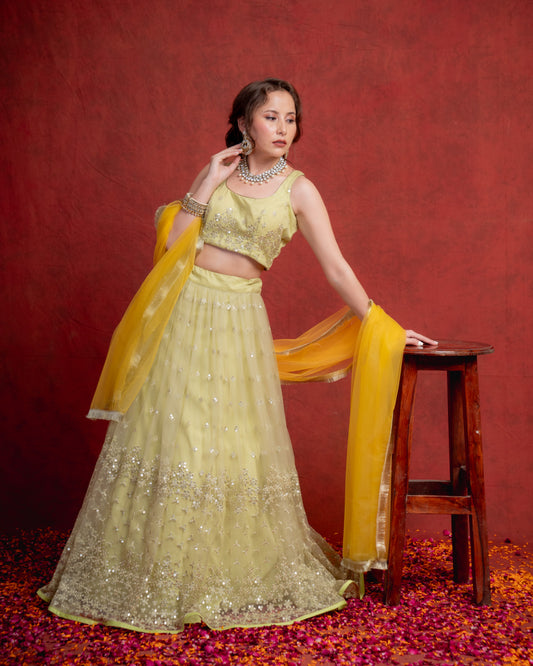 Jade and Yellow Sequin Shimmer Lehenga