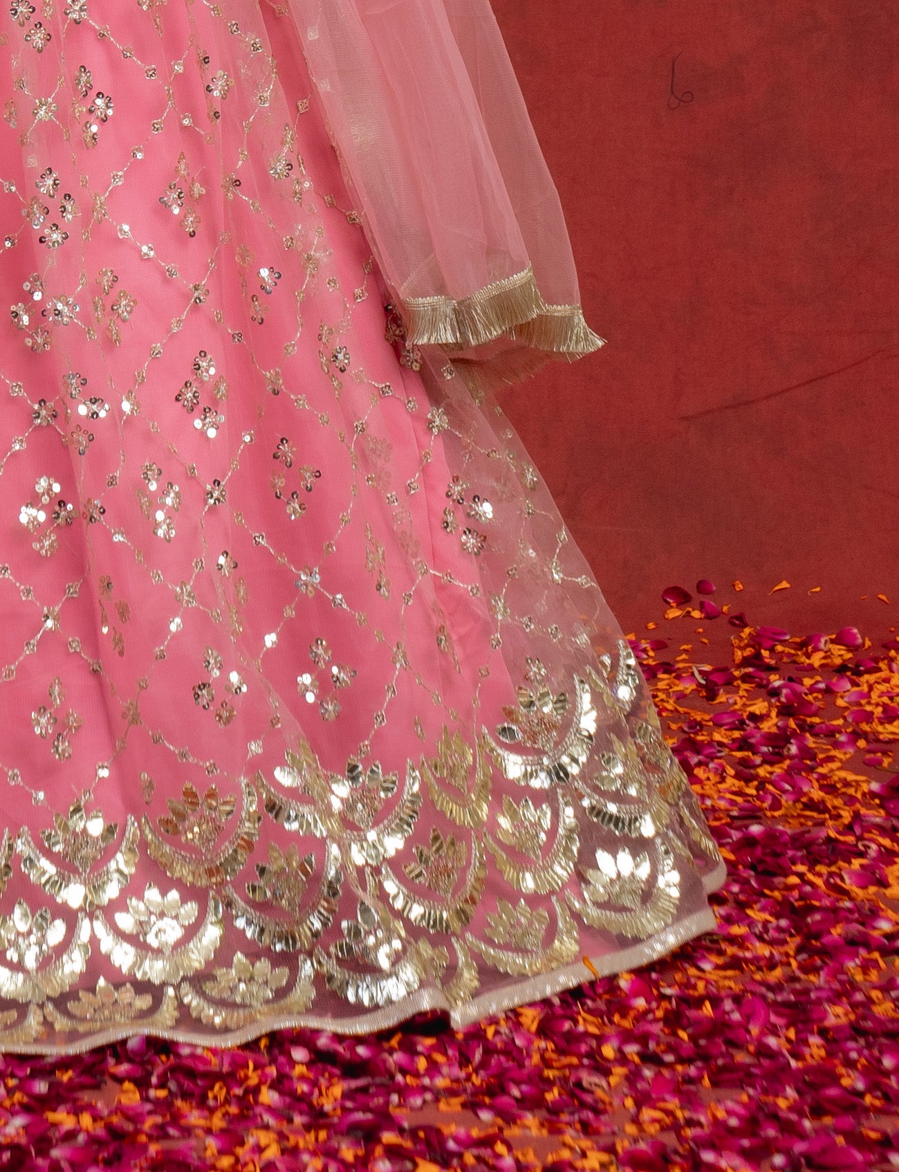 Rouge Pink and Jade Gotapatti Scallop Lehenga