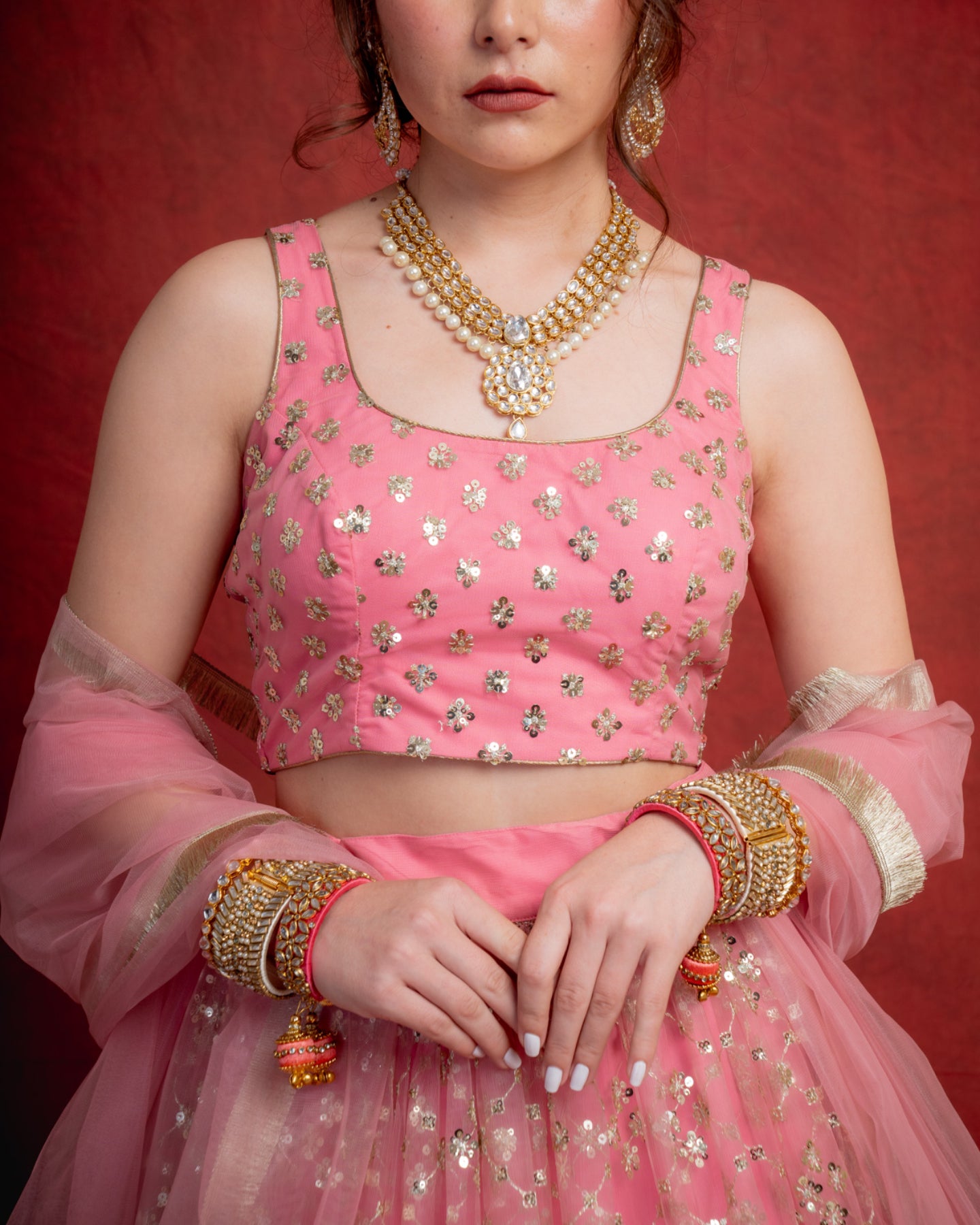 Rouge Pink and Jade Gotapatti Scallop Lehenga