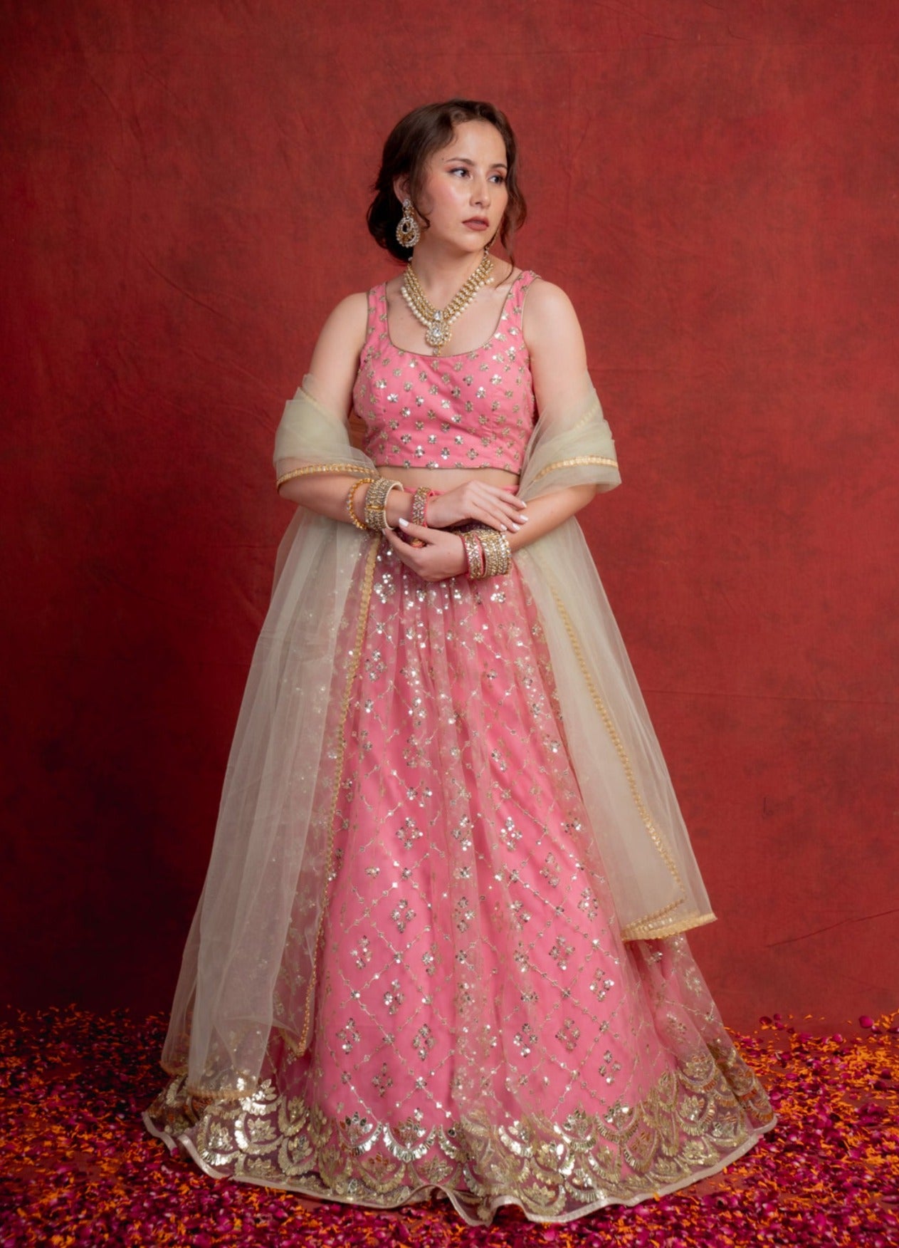 Rouge Pink and Jade Gotapatti Scallop Lehenga