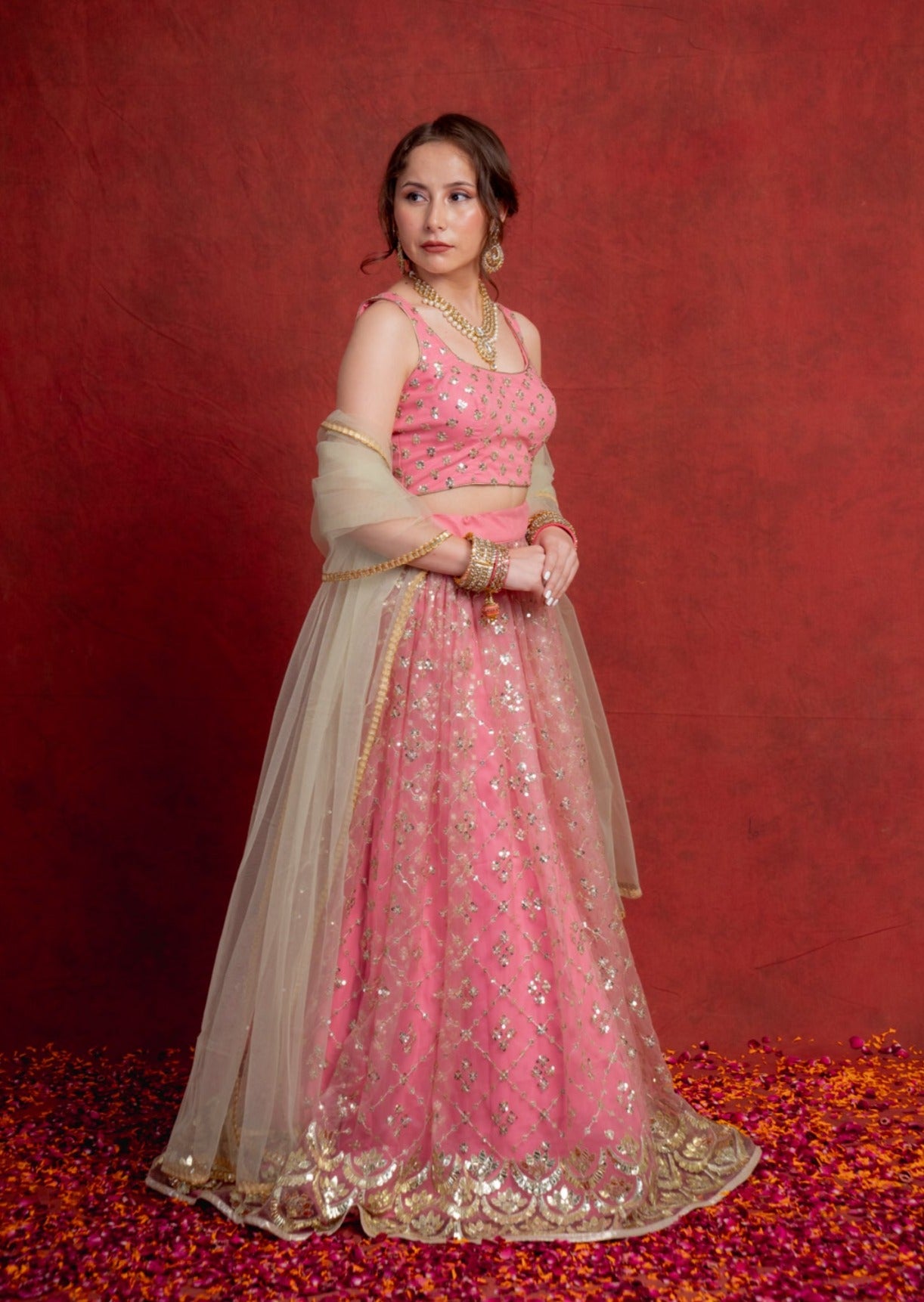 Rouge Pink and Jade Gotapatti Scallop Lehenga