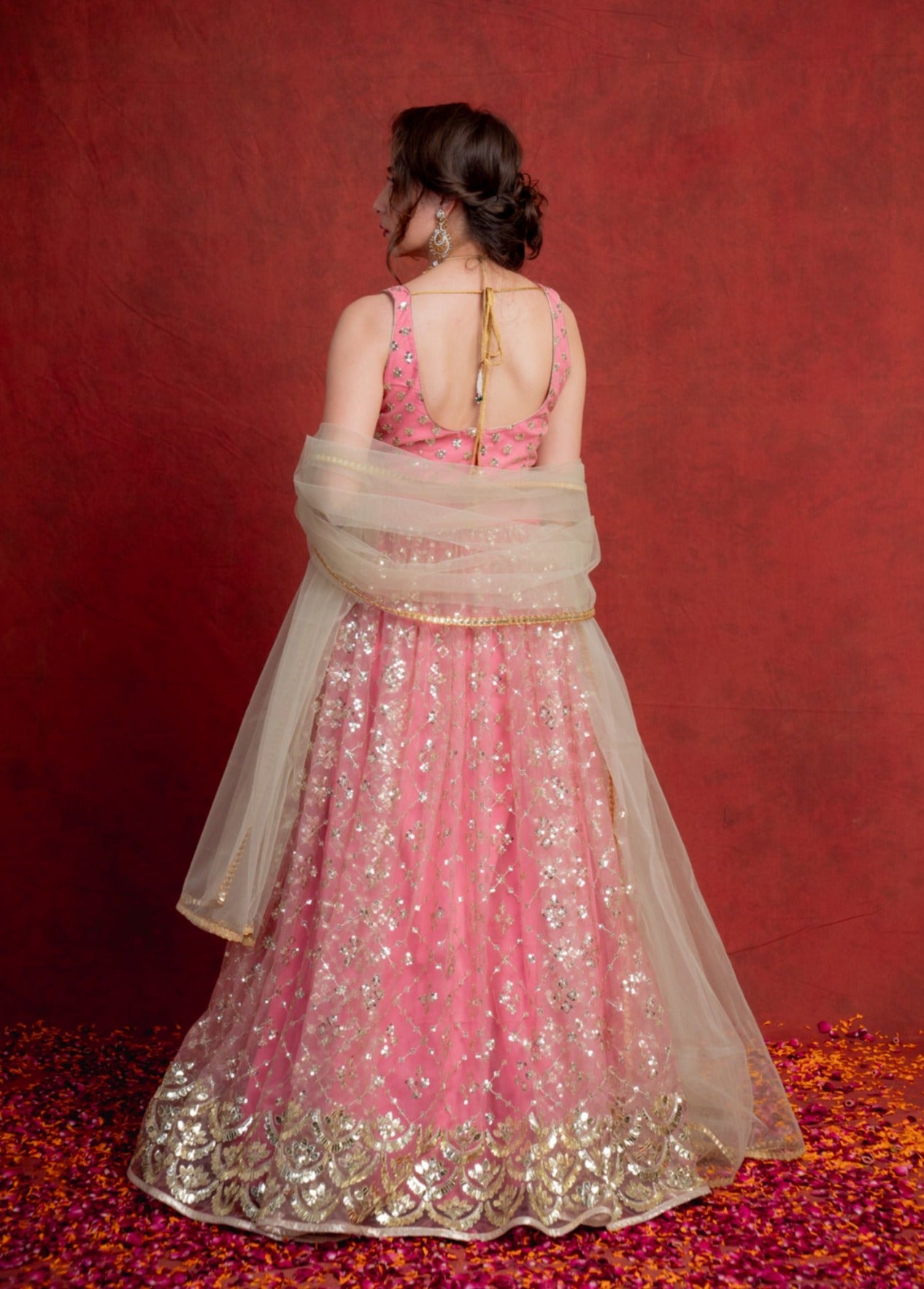 Rouge Pink and Jade Gotapatti Scallop Lehenga