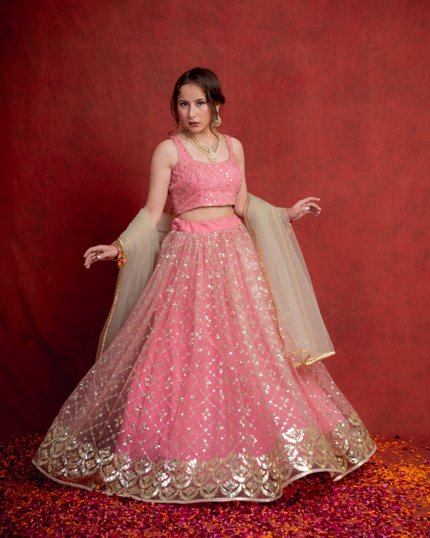 Rouge Pink and Jade Gotapatti Scallop Lehenga