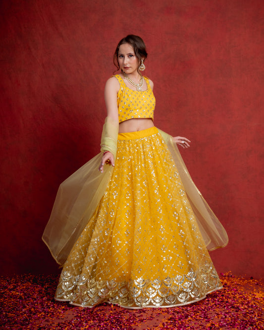 Gold Yellow and Green Gotapatti Scallop Lehenga