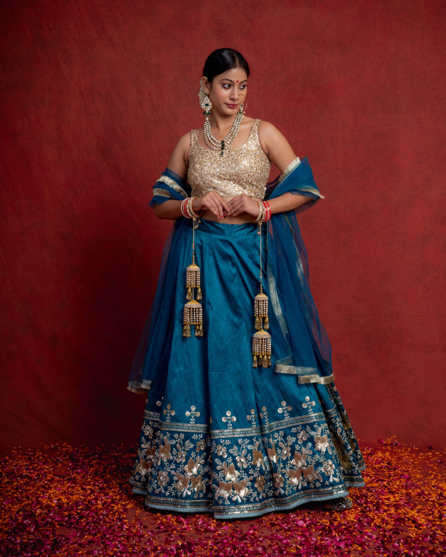 Rich Teal Sequin Blossom Lehenga