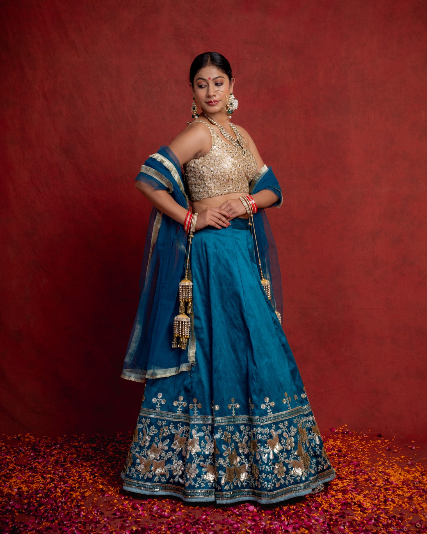 Rich Teal Sequin Blossom Lehenga