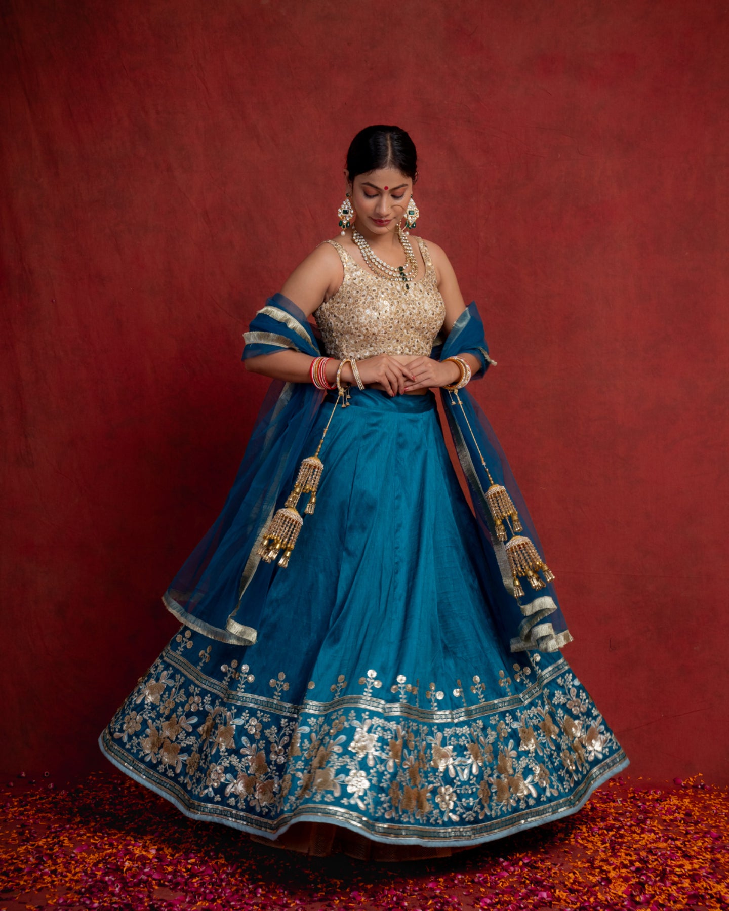 Rich Teal Sequin Blossom Lehenga