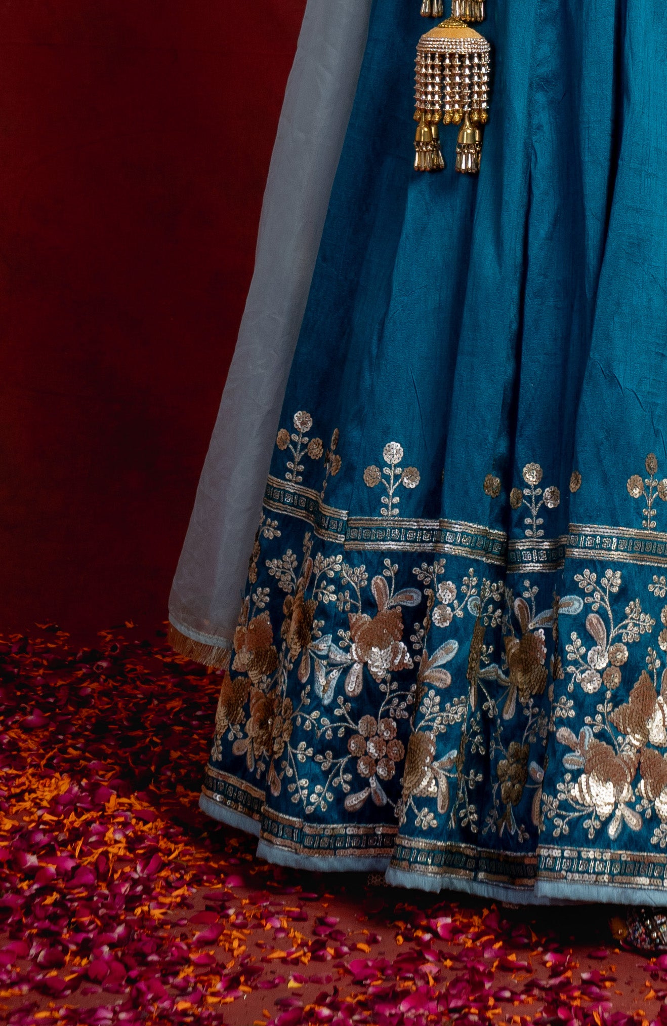 Rich Teal Sequin Blossom Lehenga