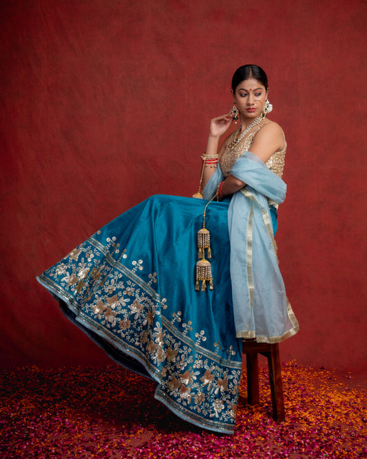 Rich Teal and Blue Sequin Blossom Lehenga
