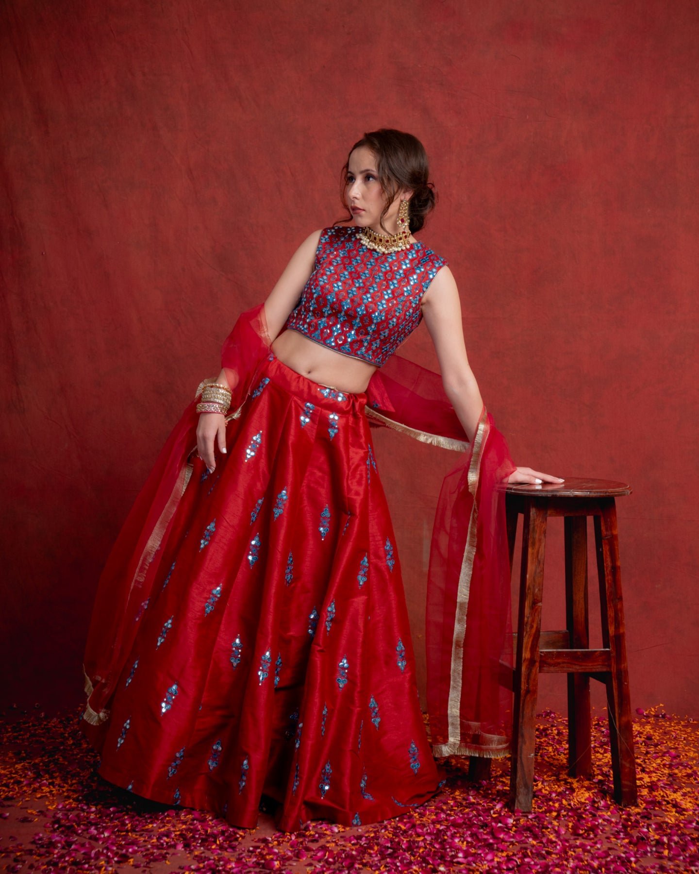 Deep Red Gotapatti Cloverleaf Lehenga