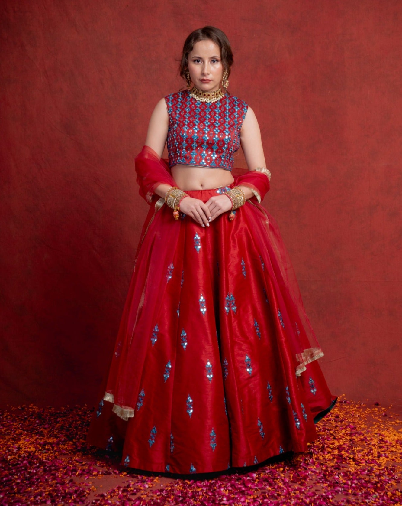 Deep Red Gotapatti Cloverleaf Lehenga