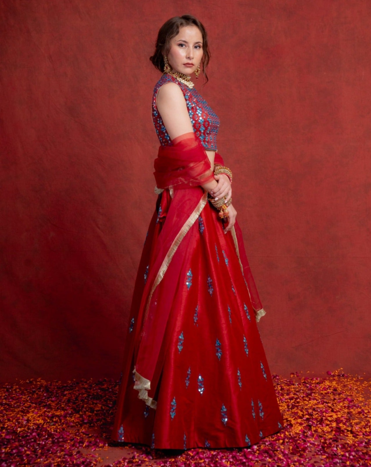 Deep Red Gotapatti Cloverleaf Lehenga