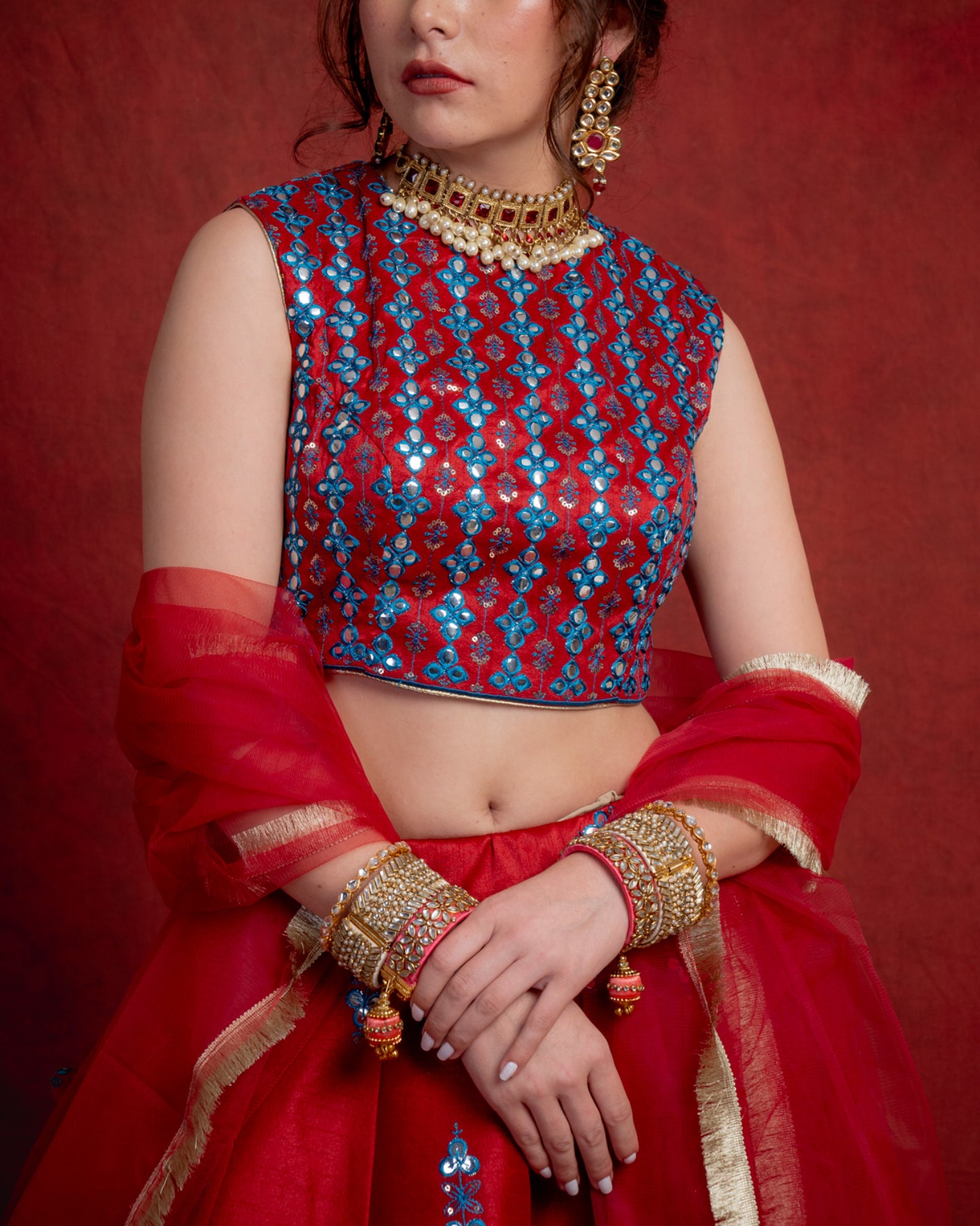 Deep Red Gotapatti Cloverleaf Lehenga