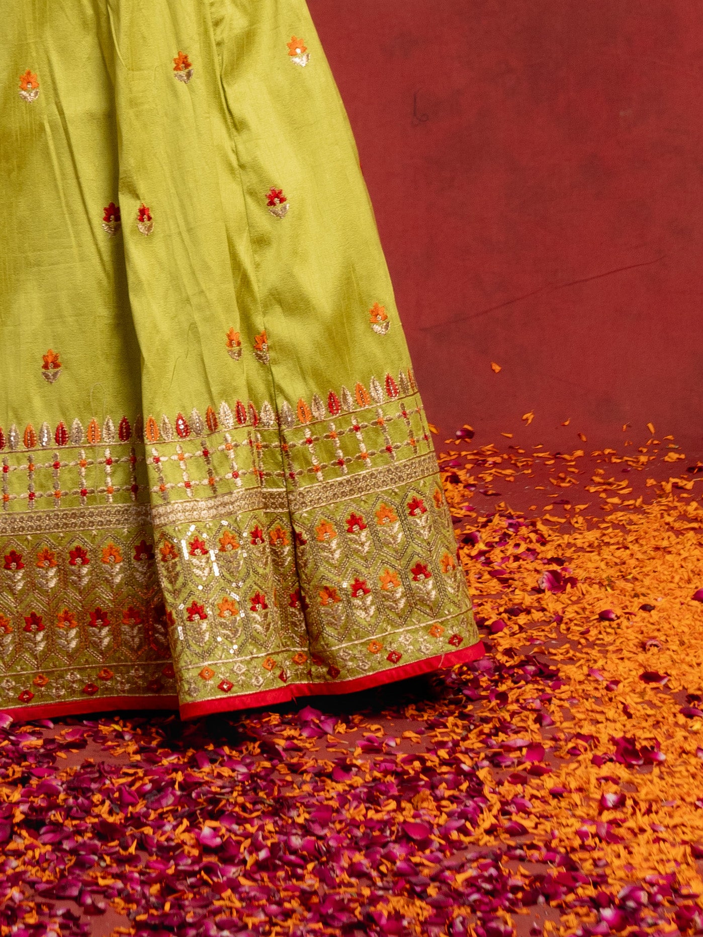 Lime Green and Orange Meenakari Lehenga