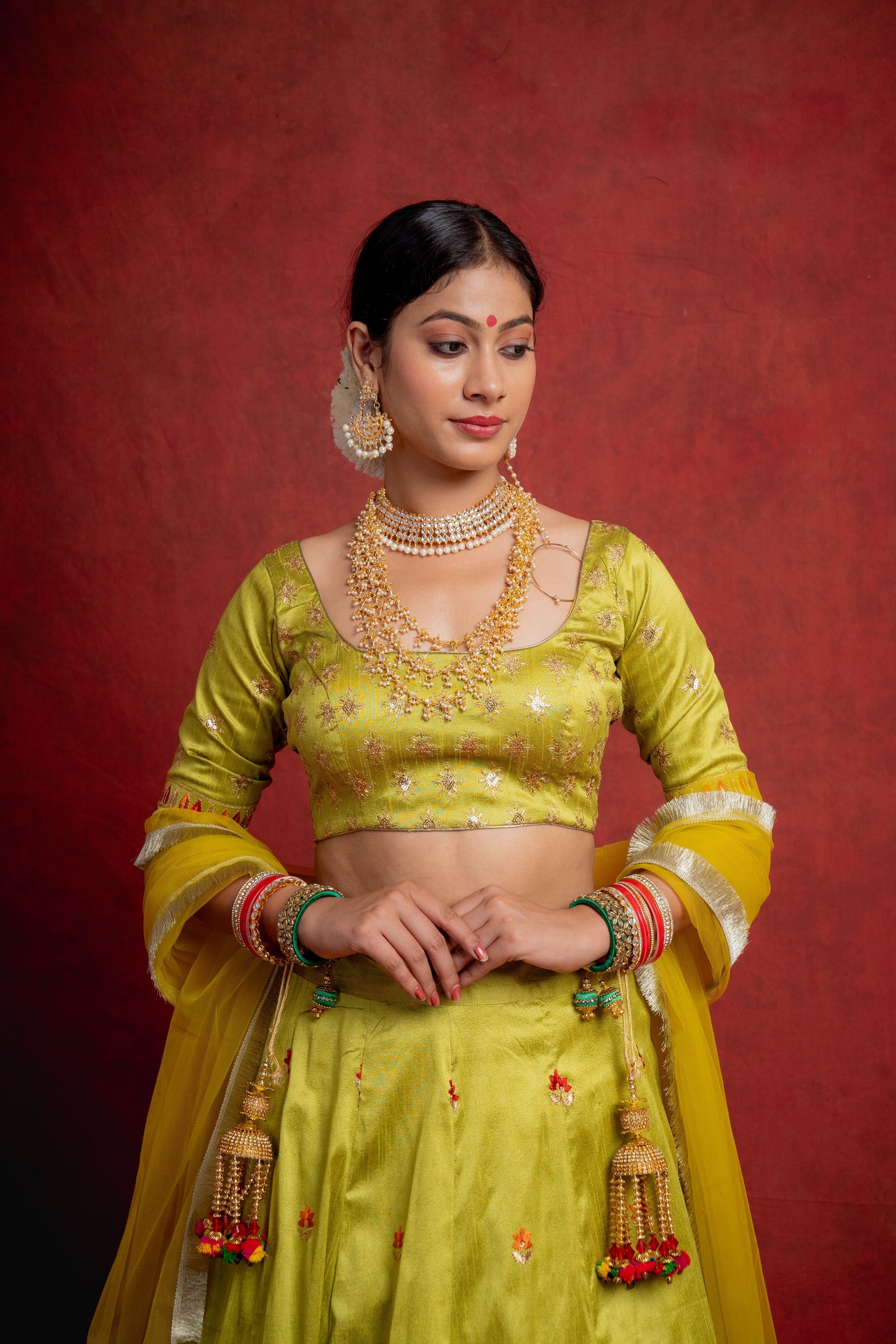 Lime Green and Orange Meenakari Lehenga