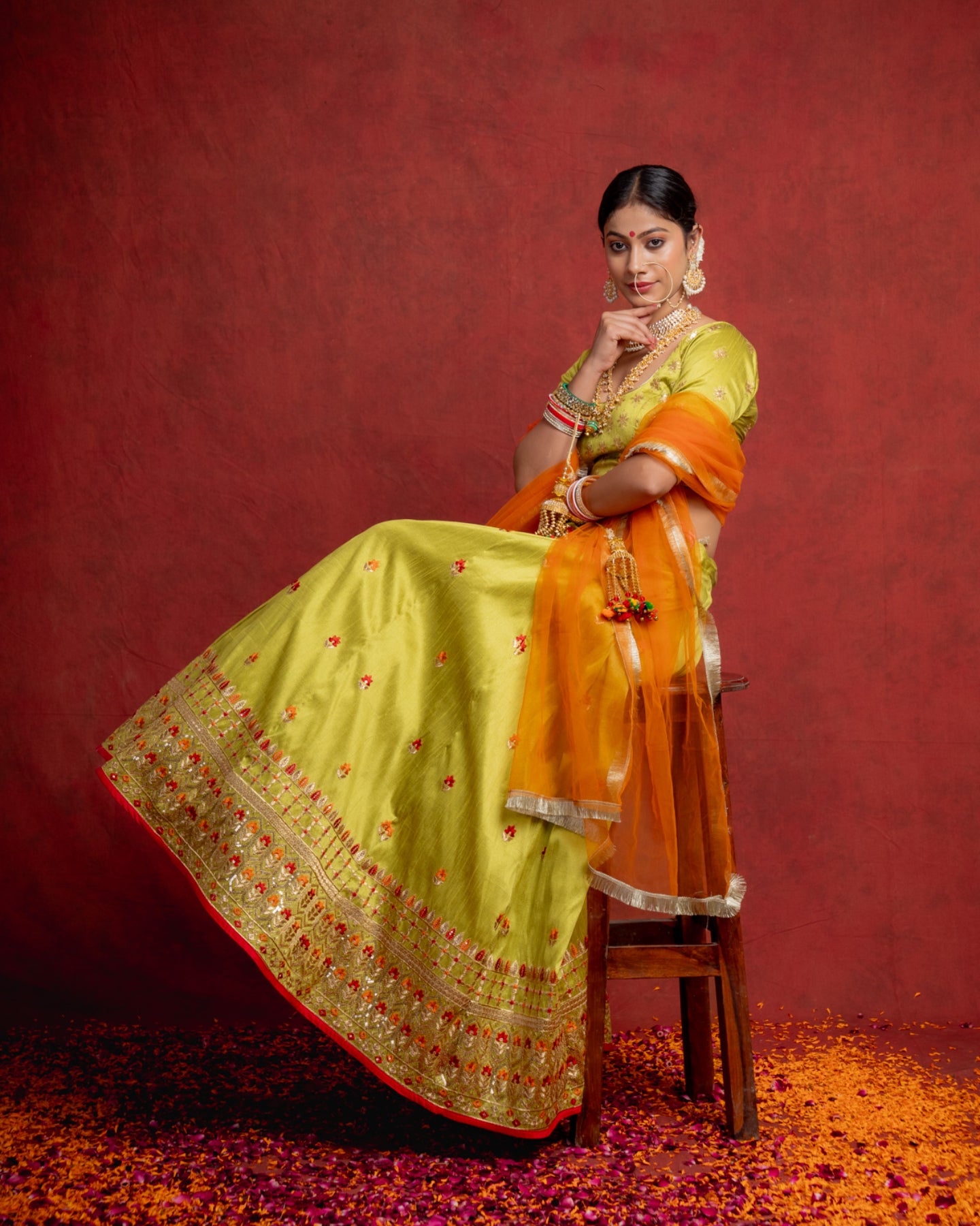 Lime Green and Orange Meenakari Lehenga