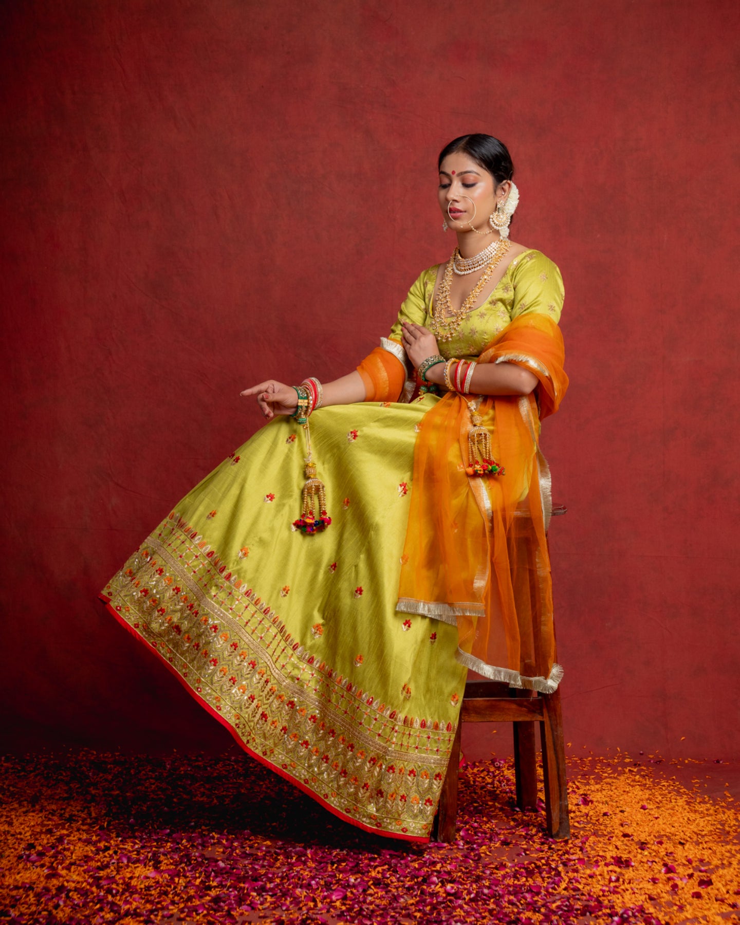 Lime Green and Orange Meenakari Lehenga