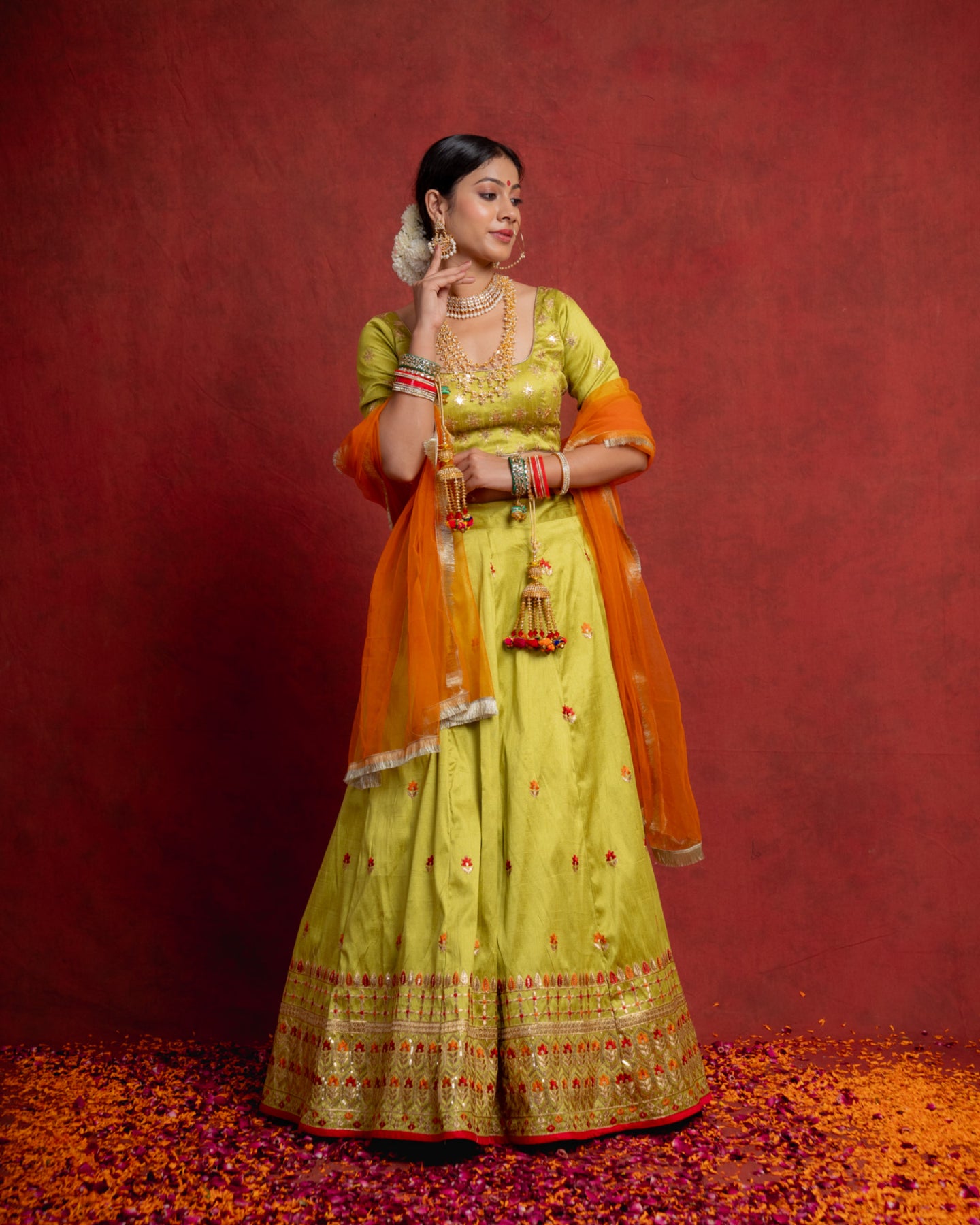 Lime Green and Orange Meenakari Lehenga