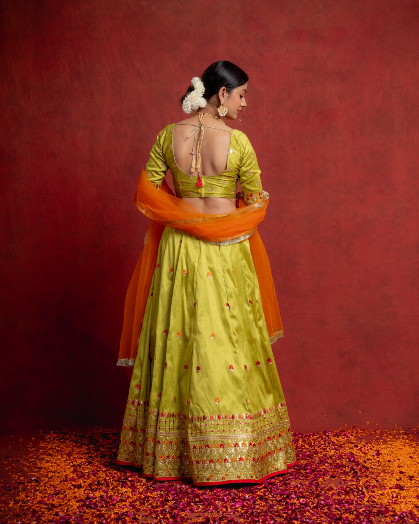 Lime Green and Orange Meenakari Lehenga