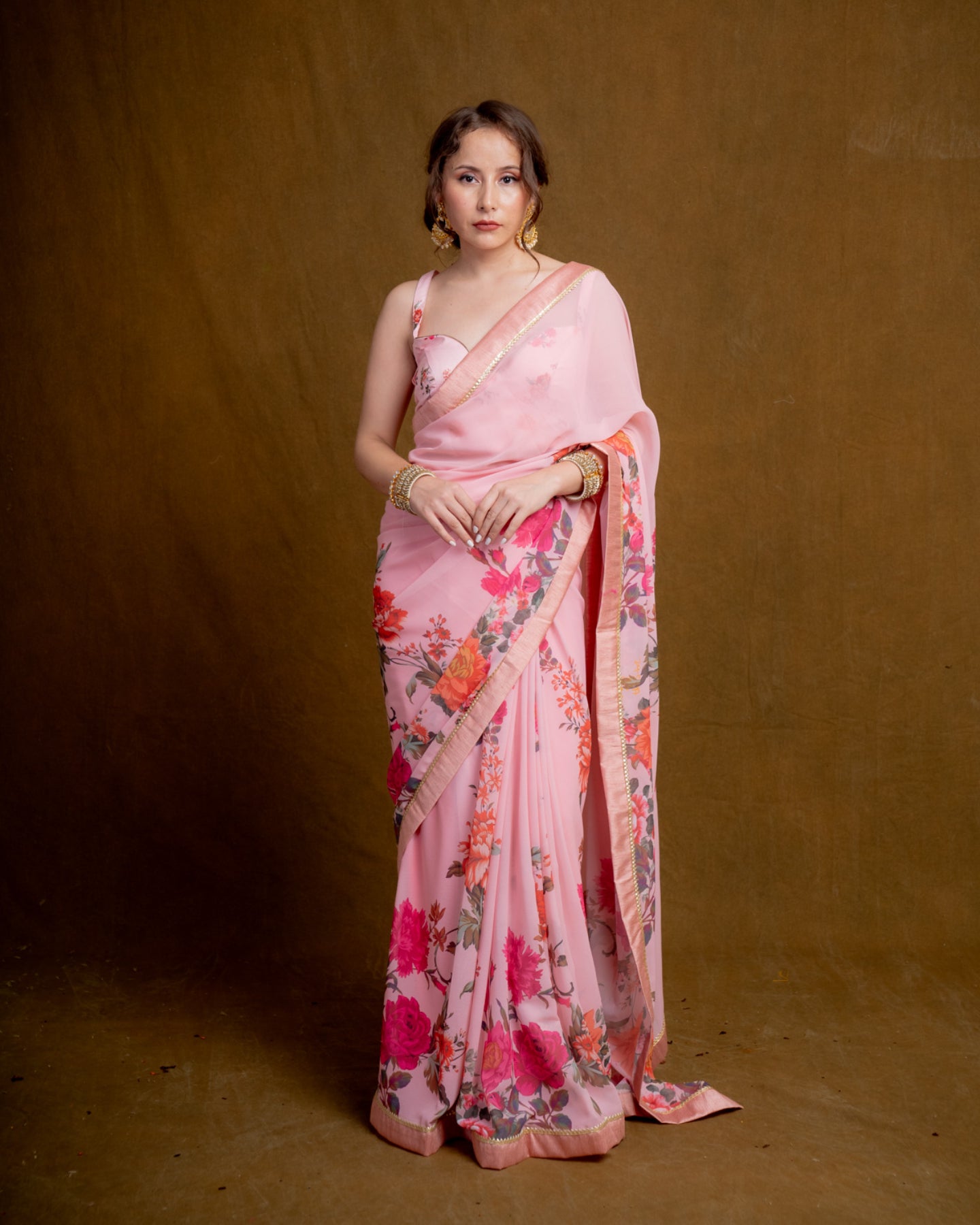 Light Pink Floral Cascade Georgette Saree