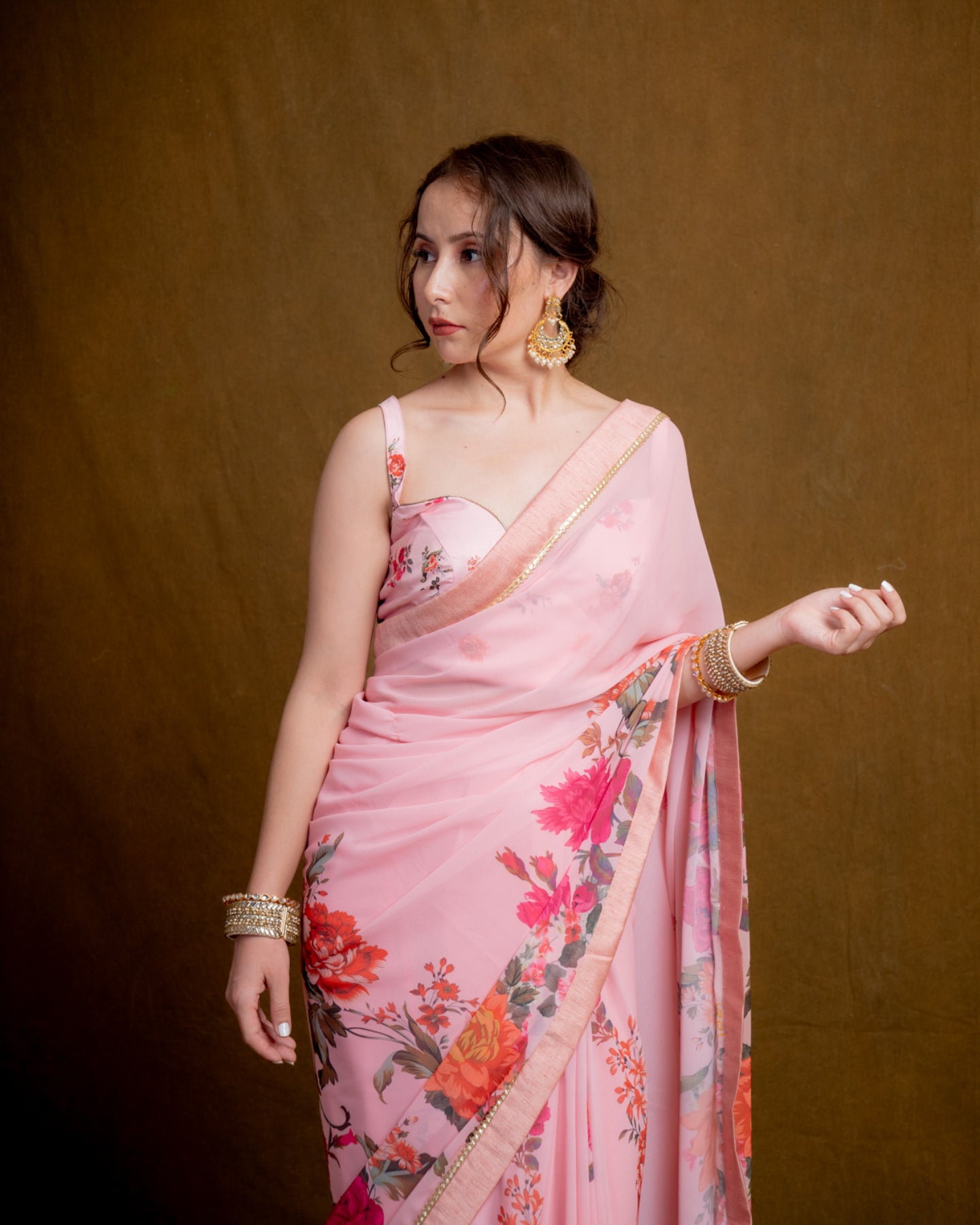 Light Pink Floral Cascade Georgette Saree