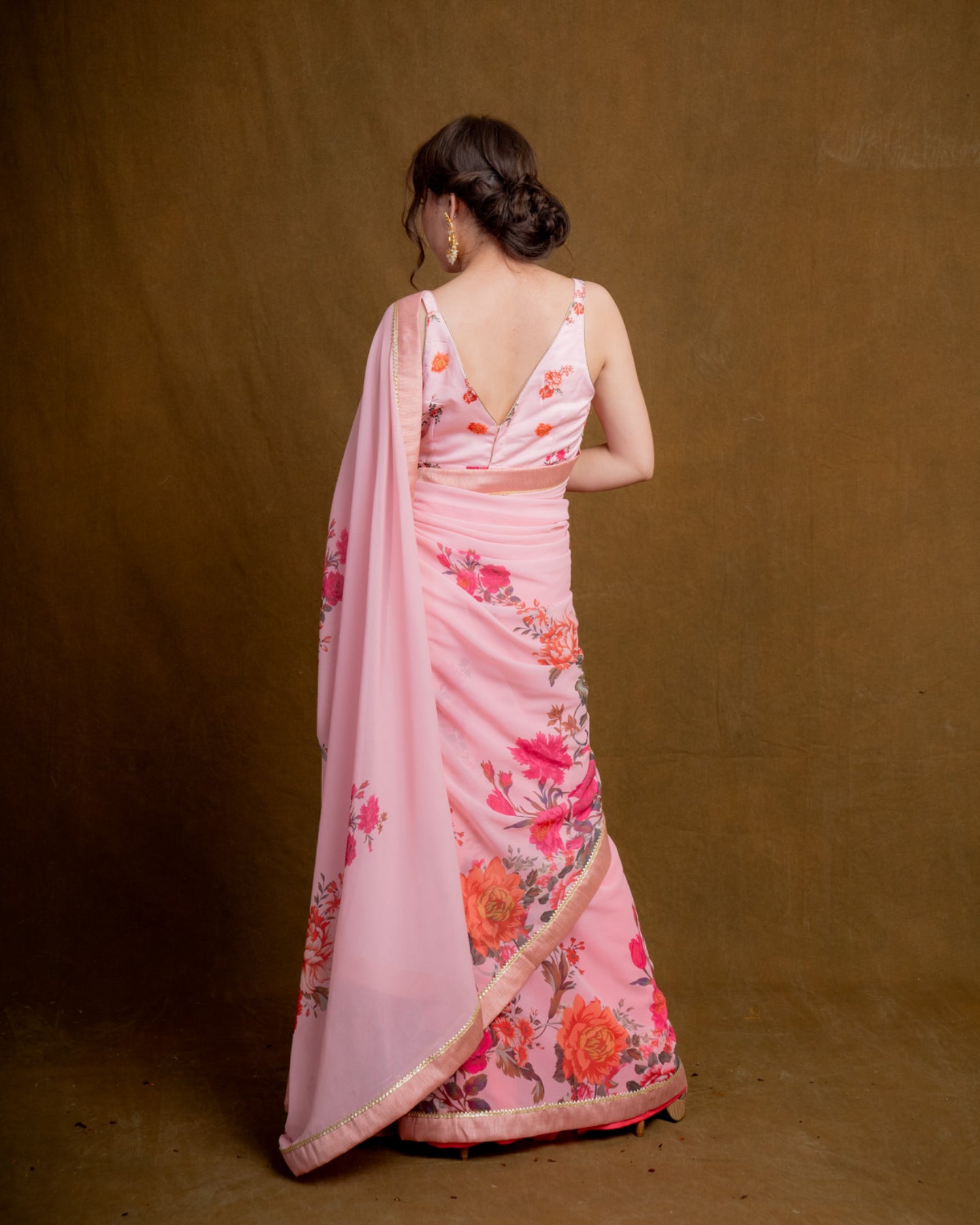 Light Pink Floral Cascade Georgette Saree