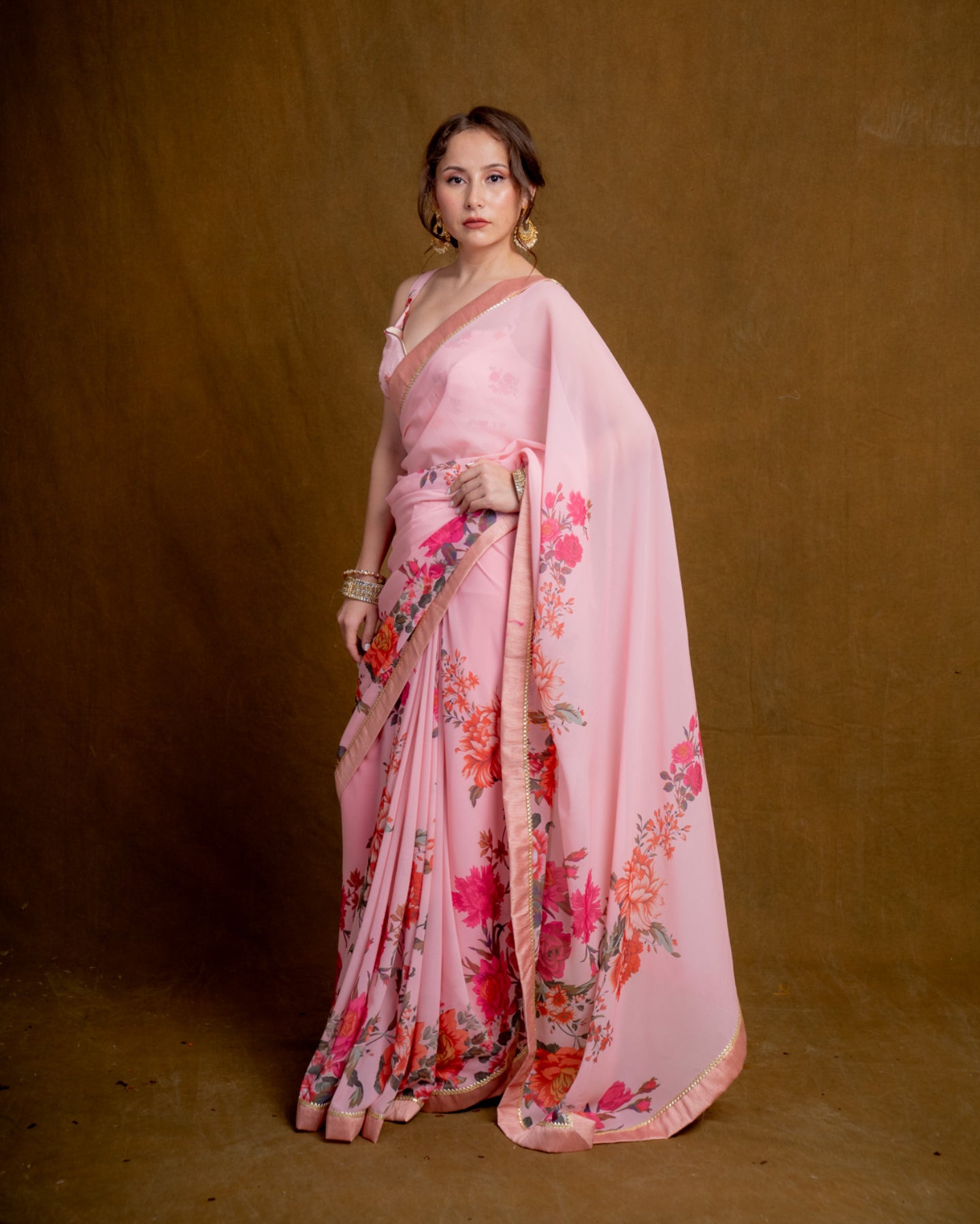 Light Pink Floral Cascade Georgette Saree