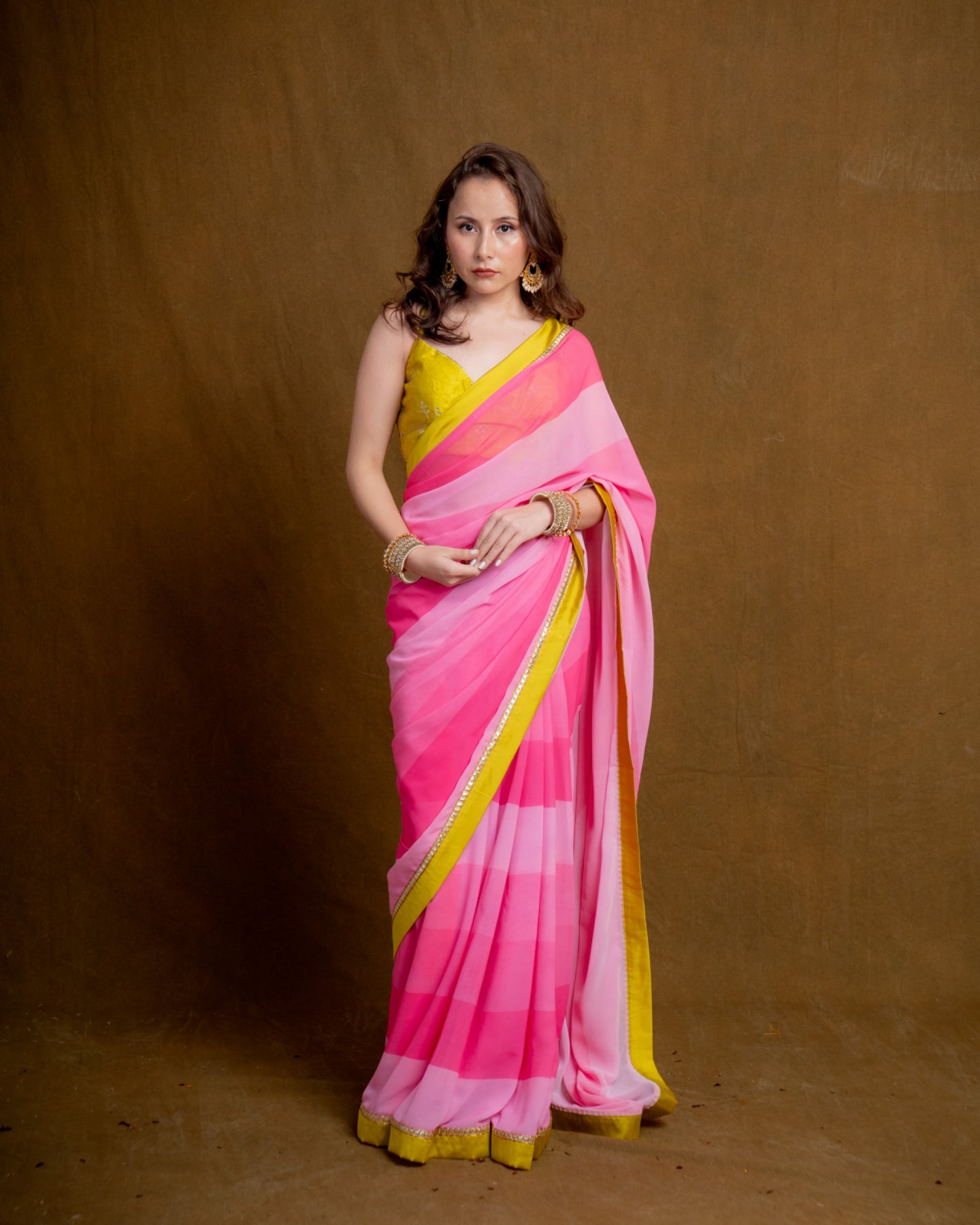 Pink Colorblock Georgette Saree