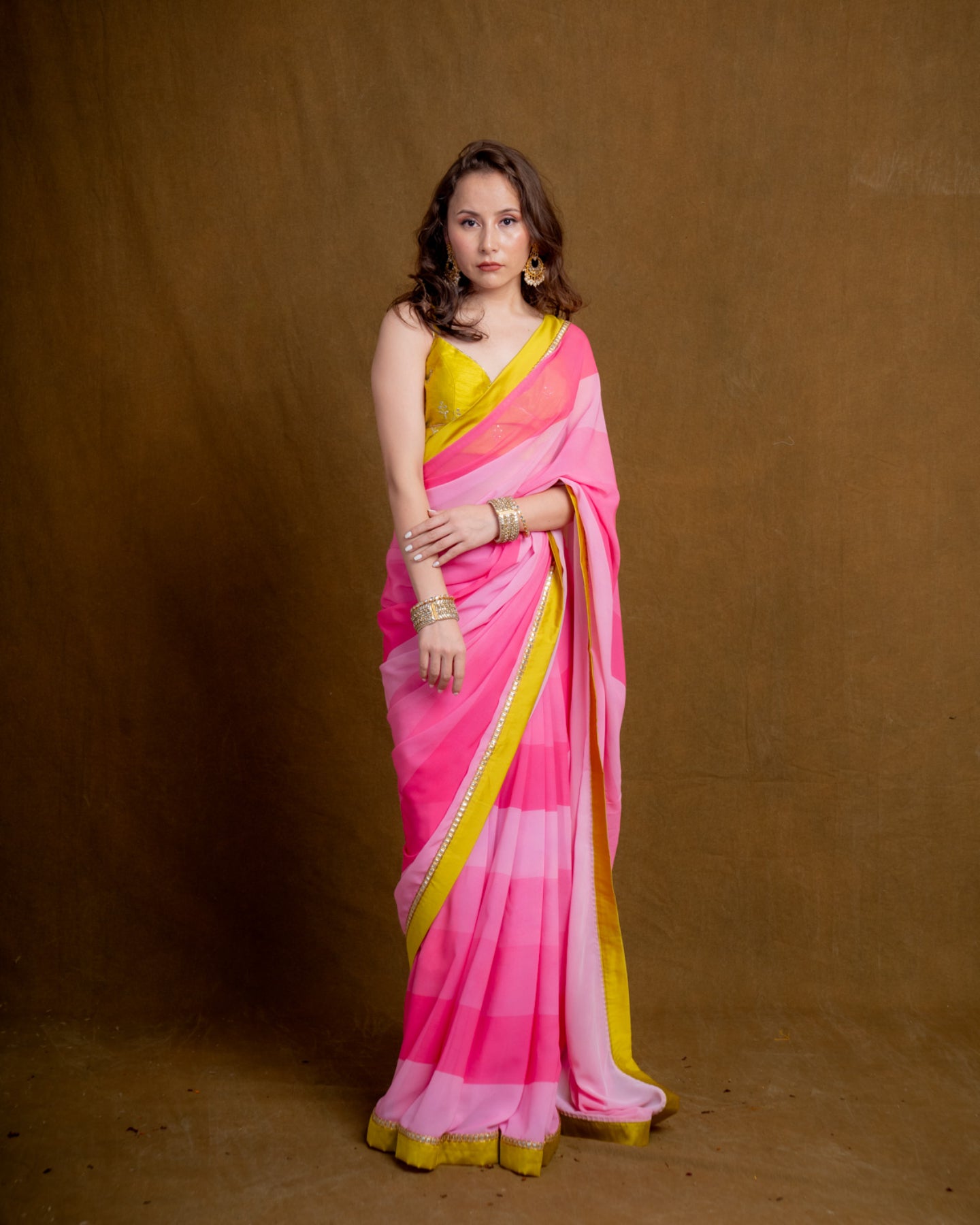 Pink Colorblock Georgette Saree