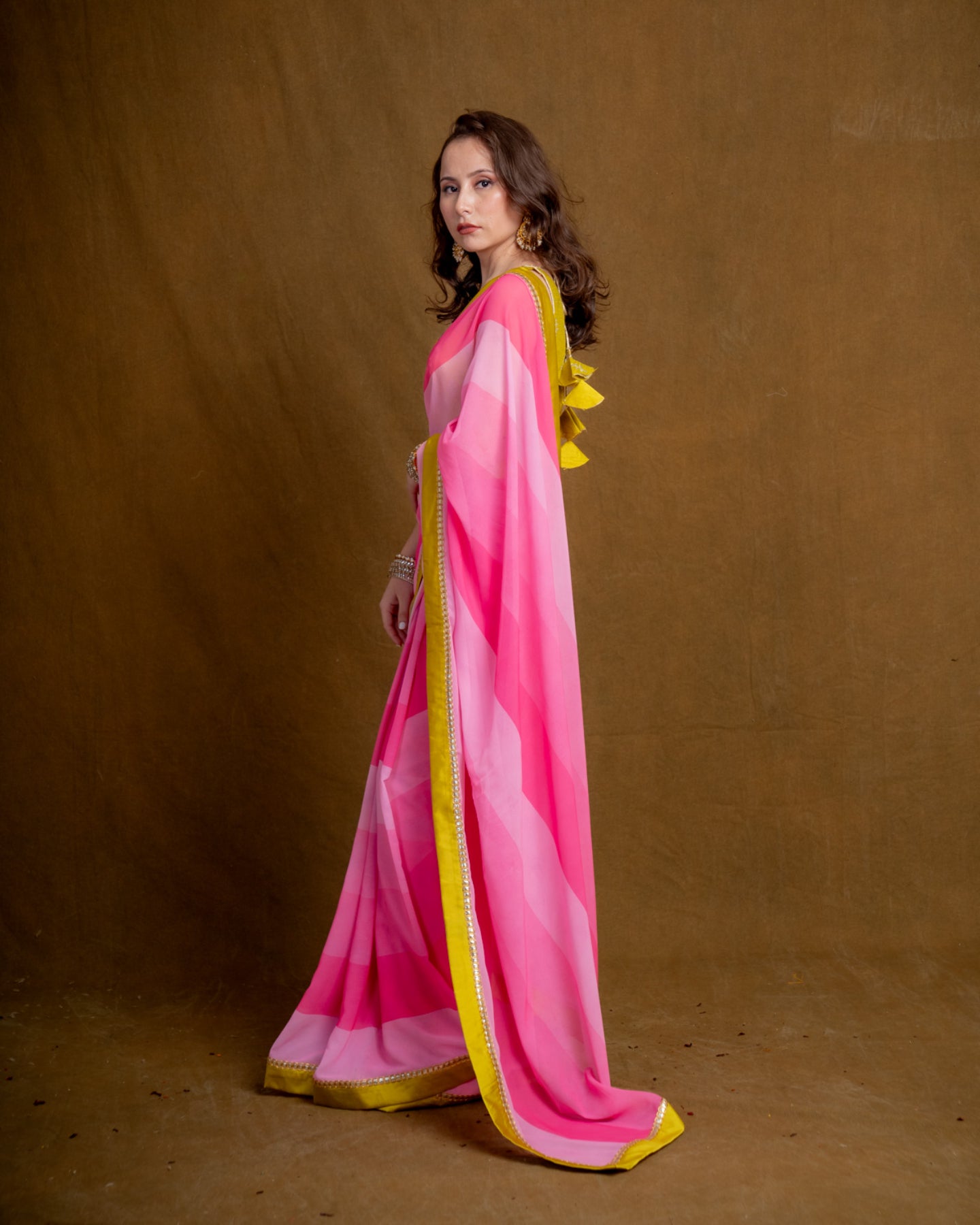 Pink Colorblock Georgette Saree