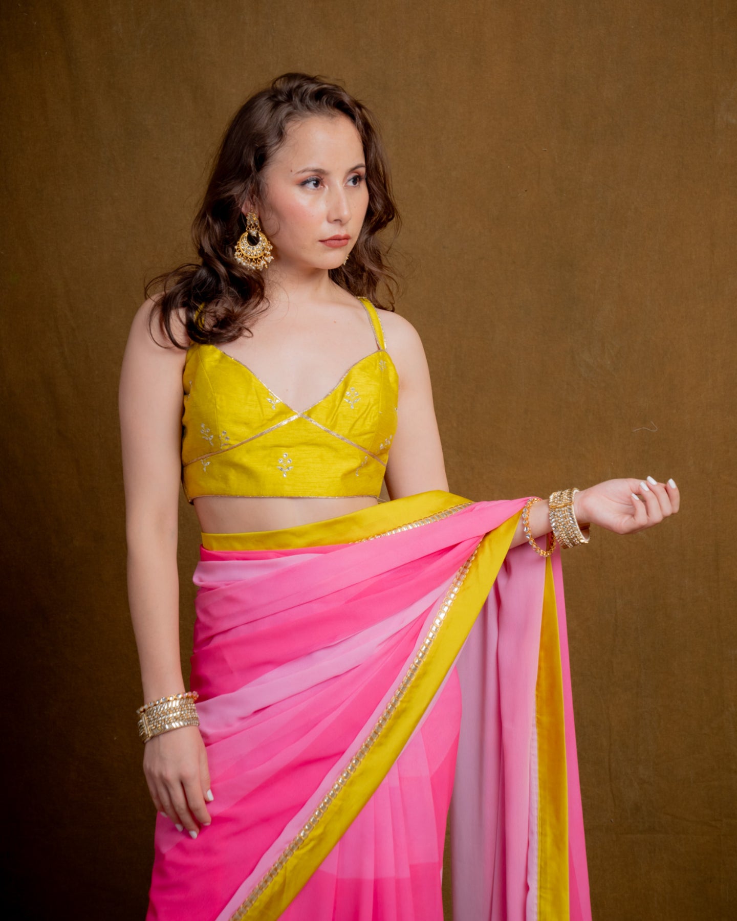 Pink Colorblock Georgette Saree