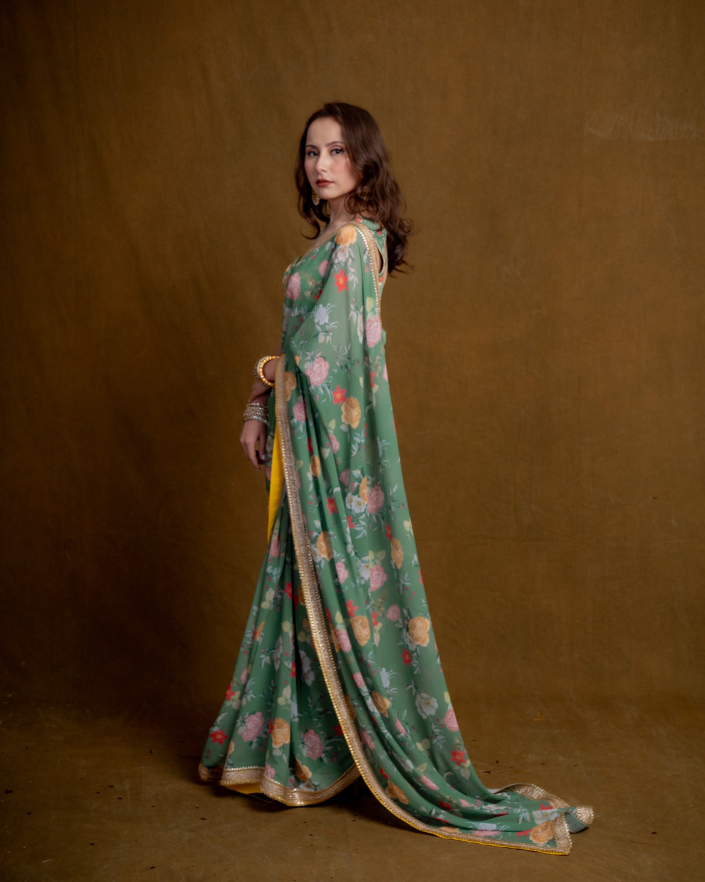 Fern Green Gardenia Georgette Saree