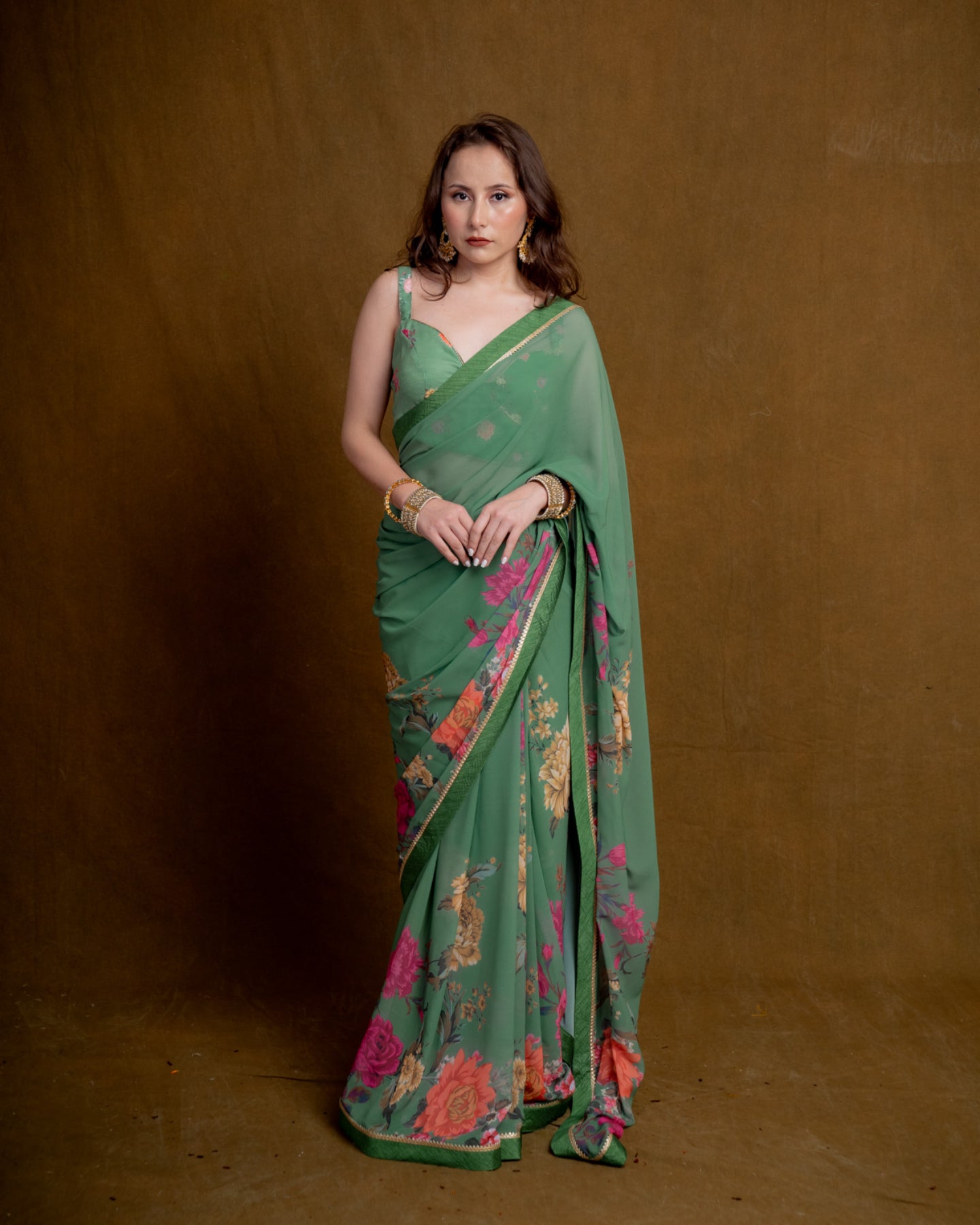 Fern Green Floral Cascade Georgette Saree