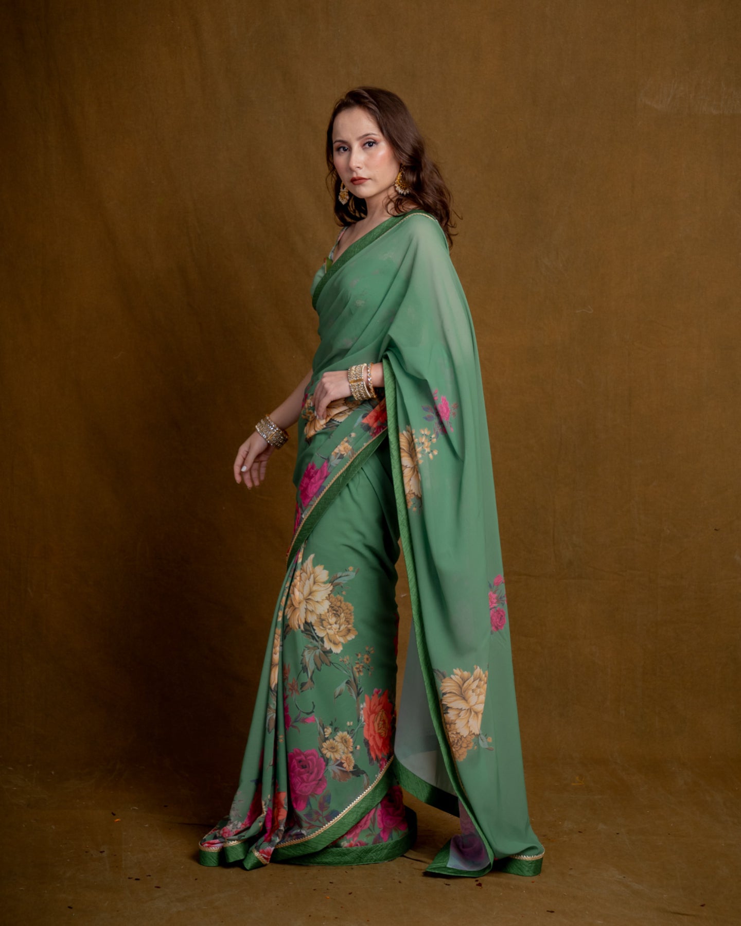 Fern Green Floral Cascade Georgette Saree