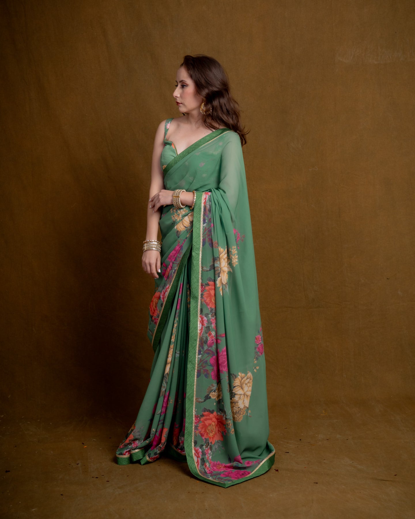 Fern Green Floral Cascade Georgette Saree