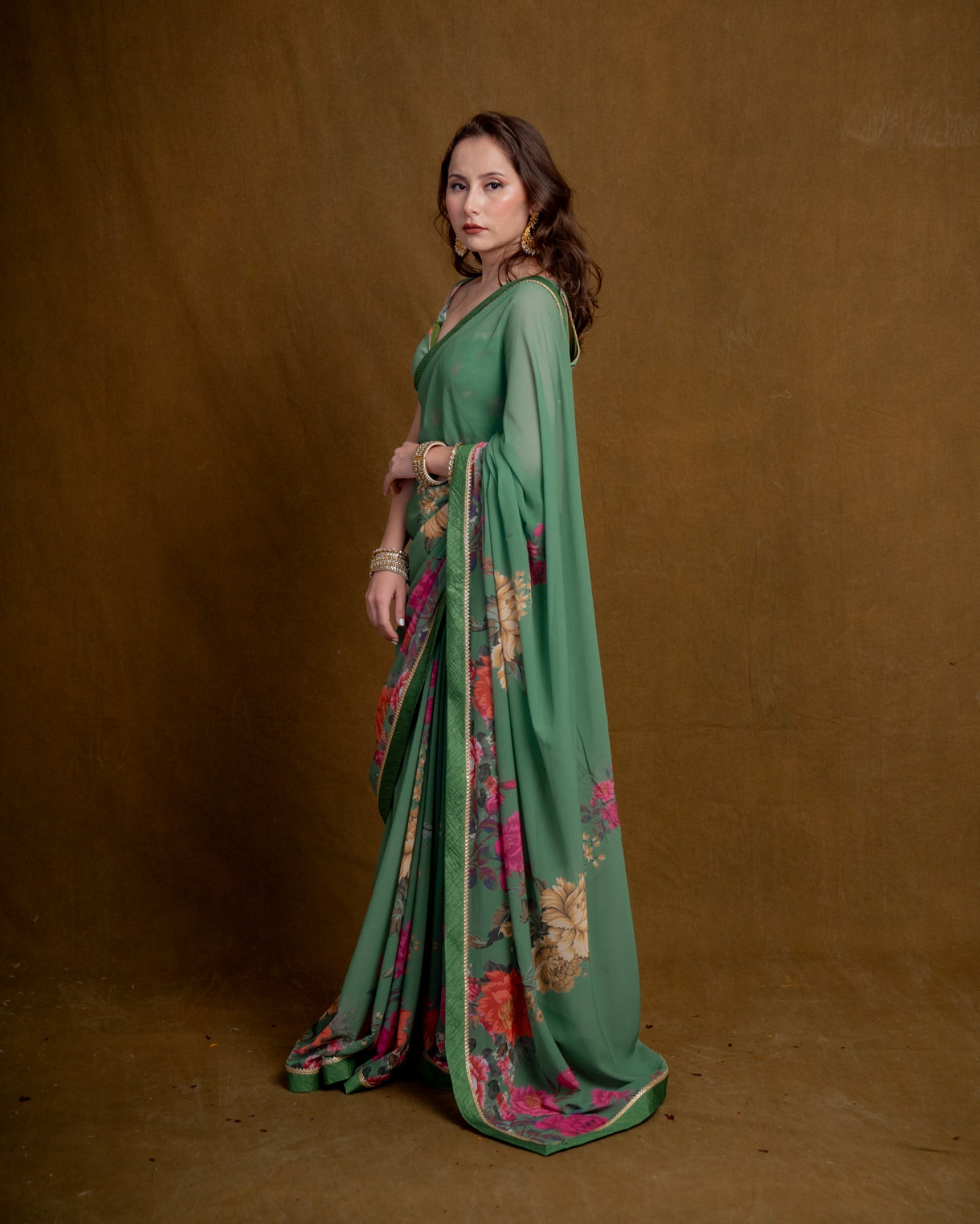 Fern Green Floral Cascade Georgette Saree