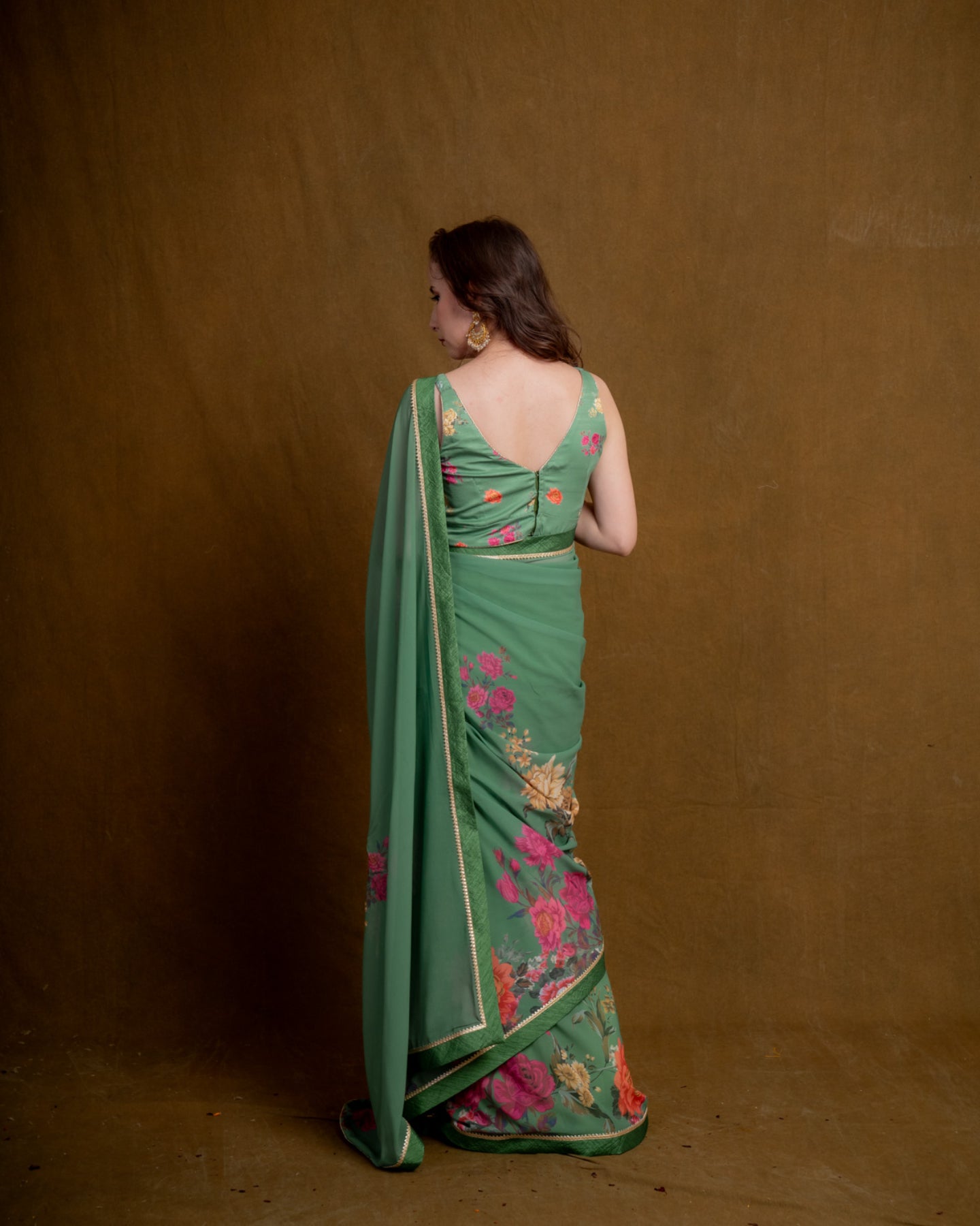 Fern Green Floral Cascade Georgette Saree