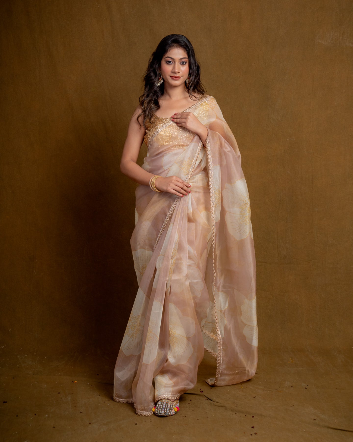 Golden Ecru Floral Play Organza Saree