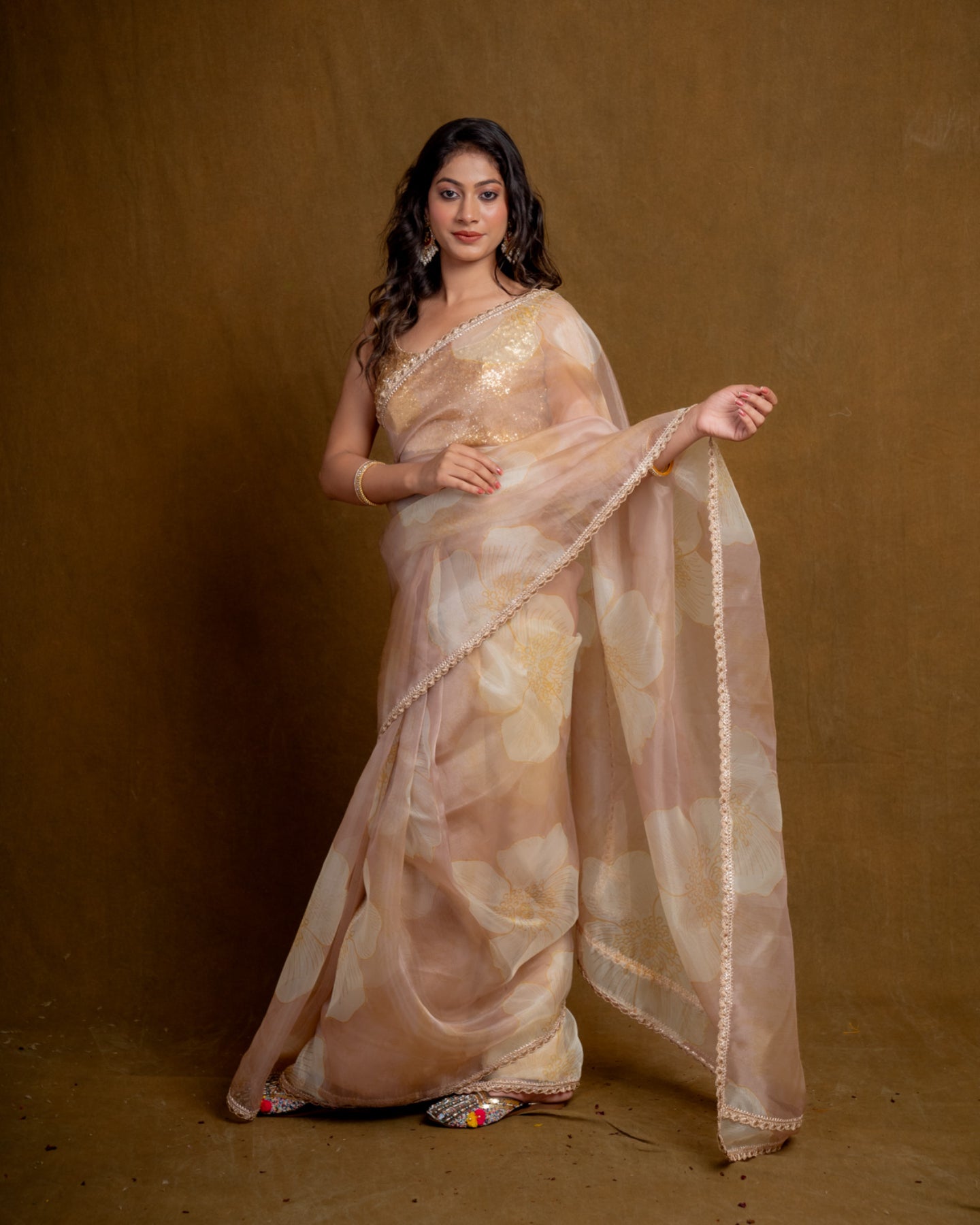 Golden Ecru Floral Play Organza Saree