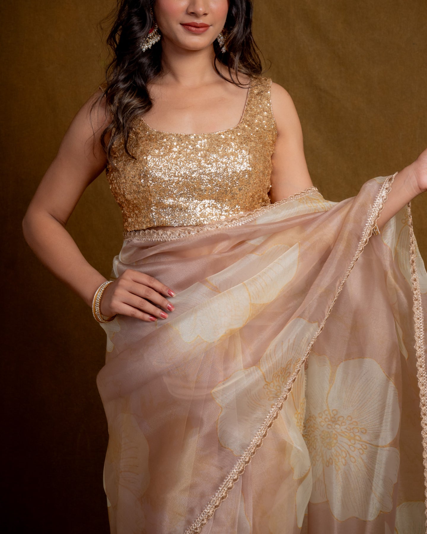 Golden Ecru Floral Play Organza Saree