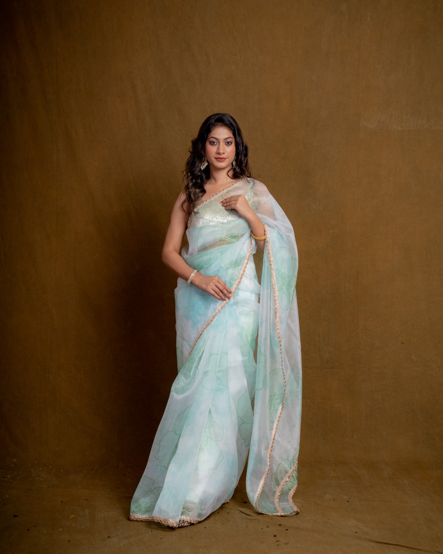 Sea Green Floral Play Organza Saree