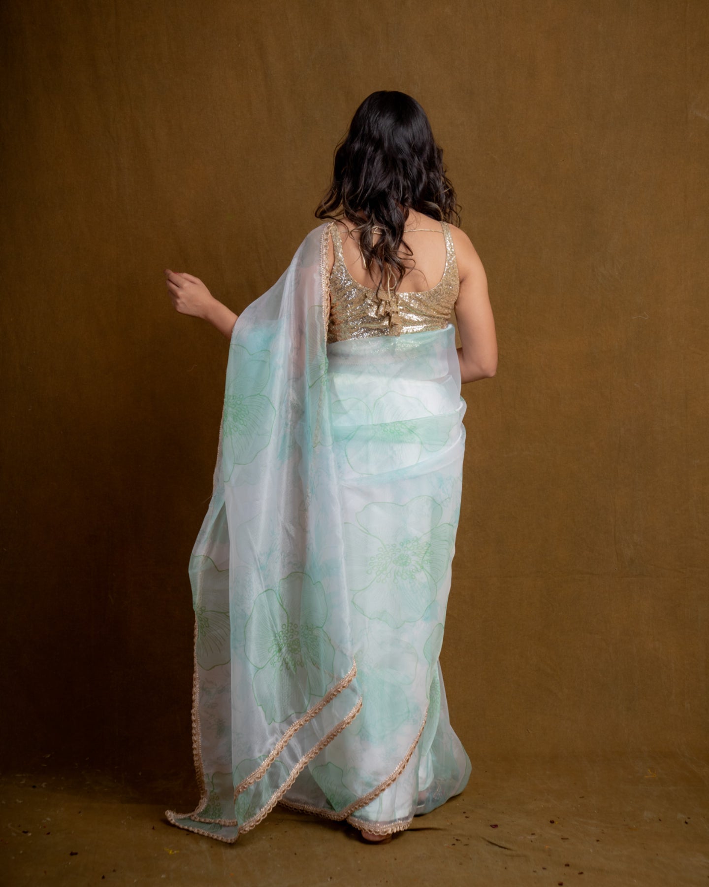 Sea Green Floral Play Organza Saree