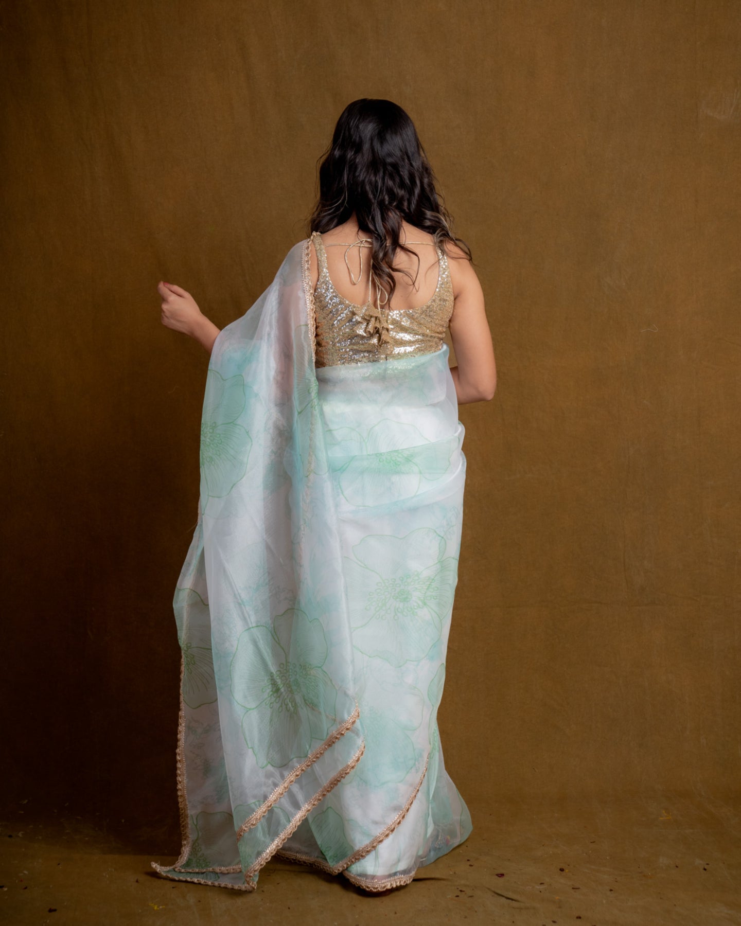 Sea Green Floral Play Organza Saree