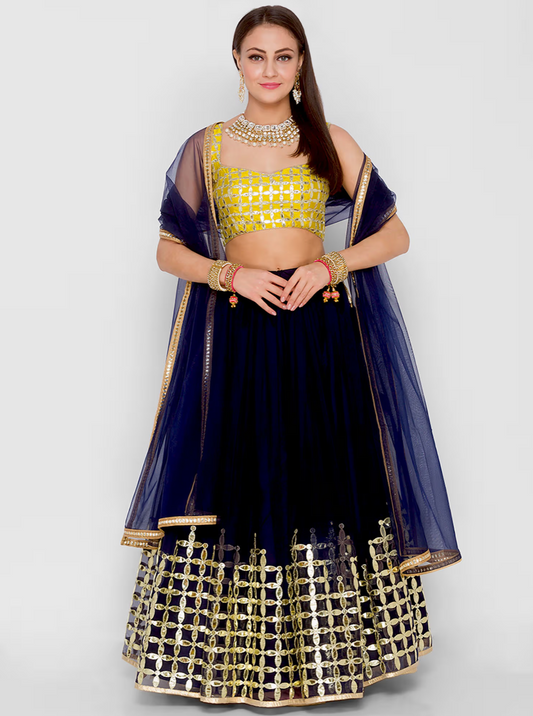 Dark Navy & Lime Phool Lehenga